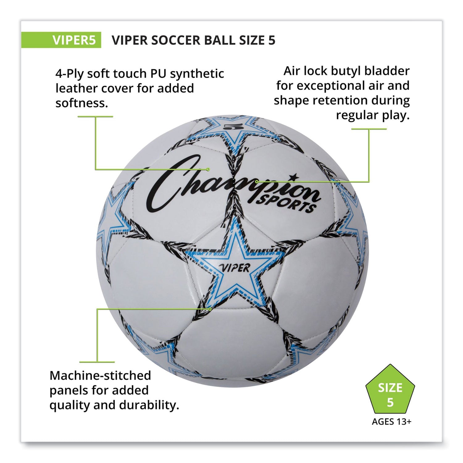 Champion Sports VIPER Soccer Ball, No. 5. Size, 8.5" to 9" Diameter, White