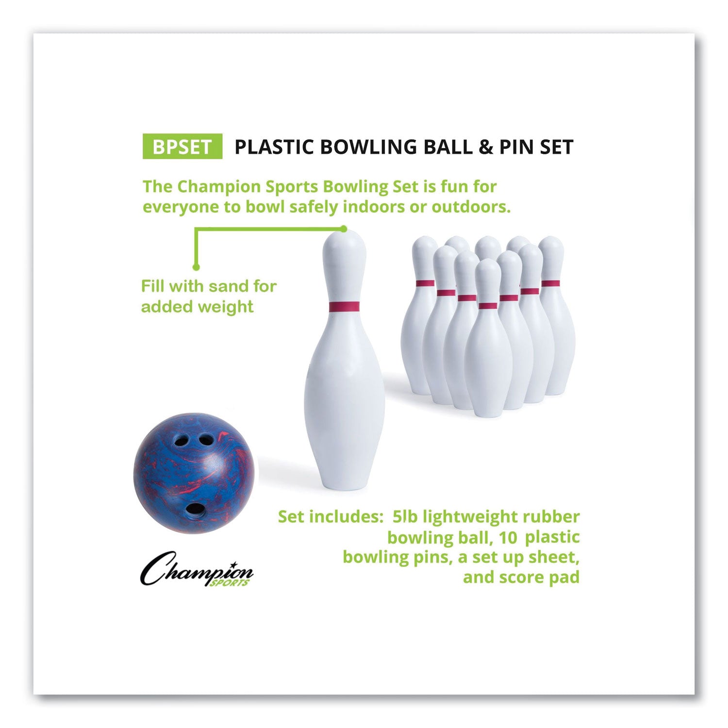 Champion Sports Bowling Set, Plastic/Rubber, White, 10 Bowling Pins, 1 Bowling Ball