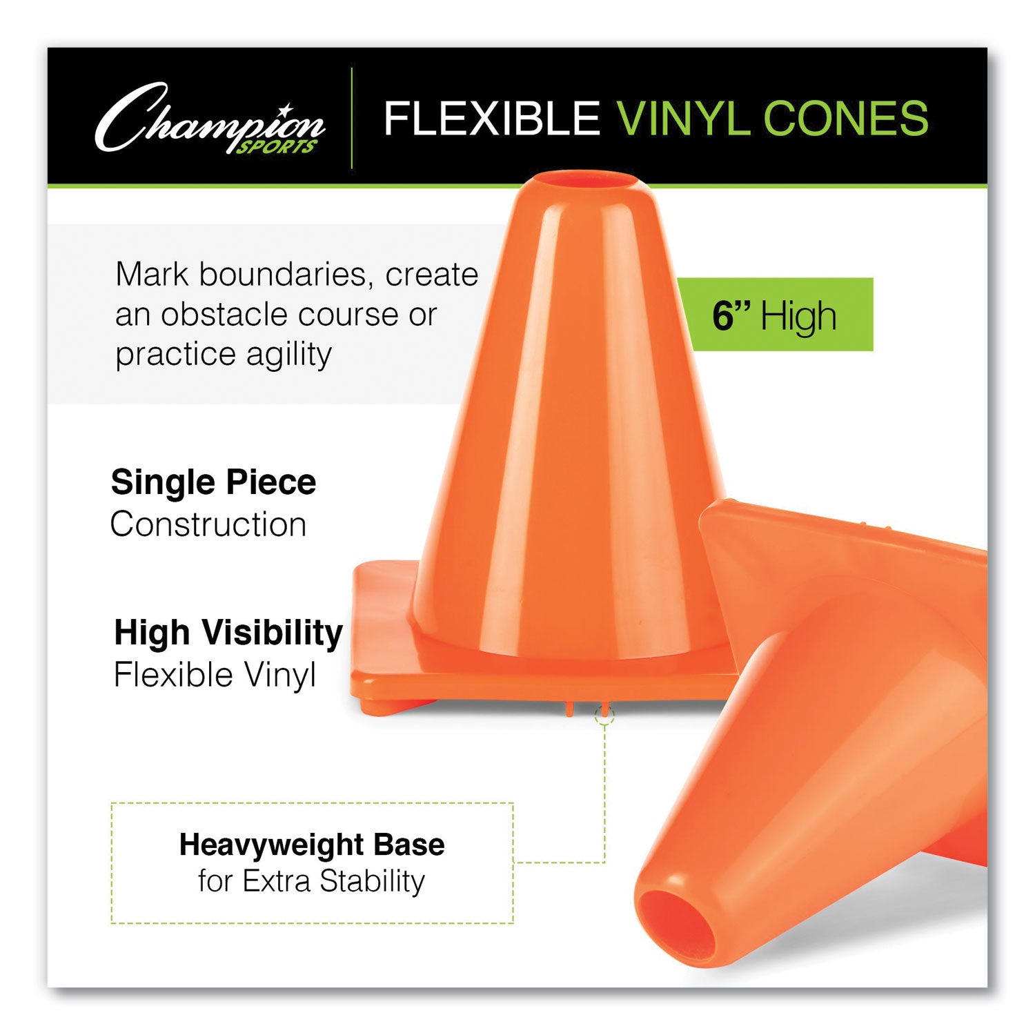 Champion Sports Hi-Visibility Vinyl Cones, 6" Tall, Fluorescent Orange, 9.5" x 9.5" Base