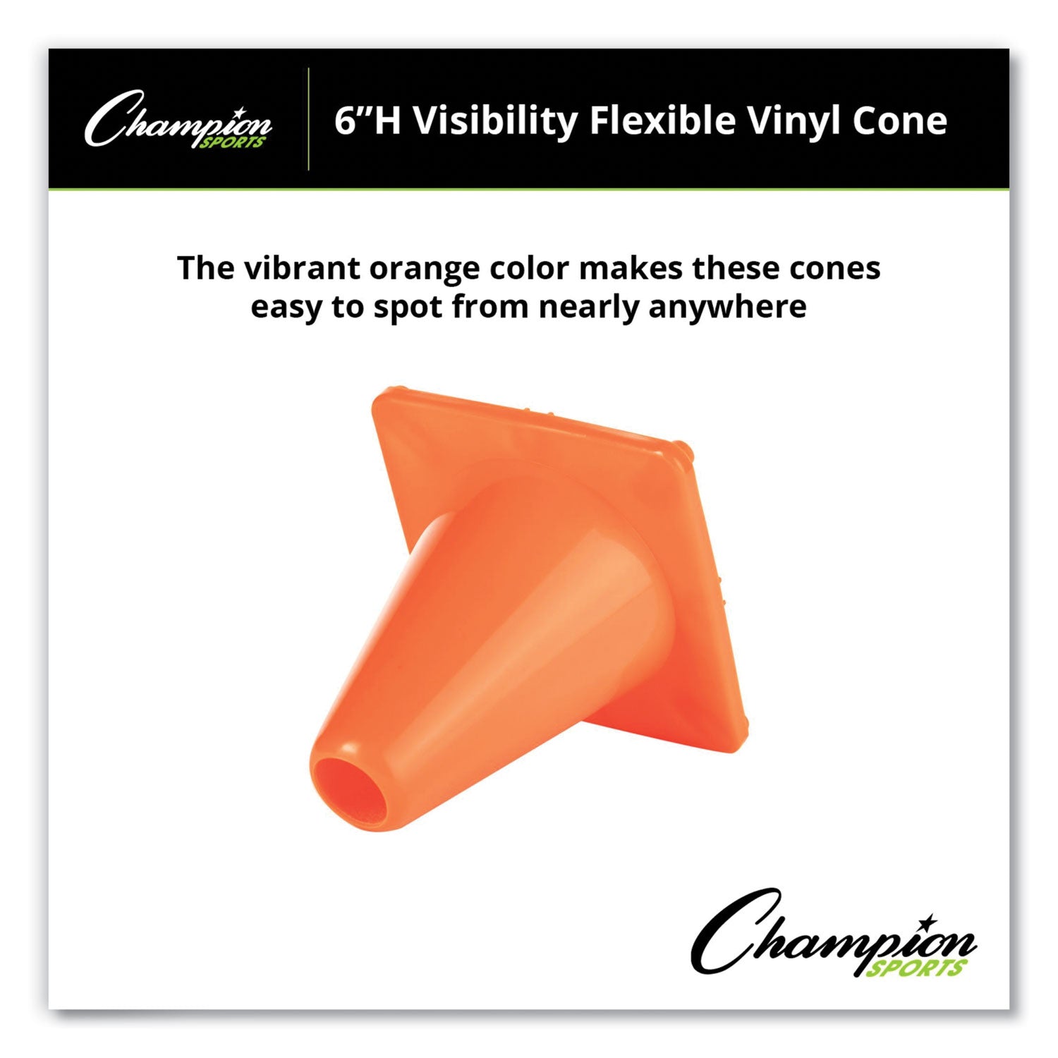 Champion Sports Hi-Visibility Vinyl Cones, 6" Tall, Fluorescent Orange, 9.5" x 9.5" Base