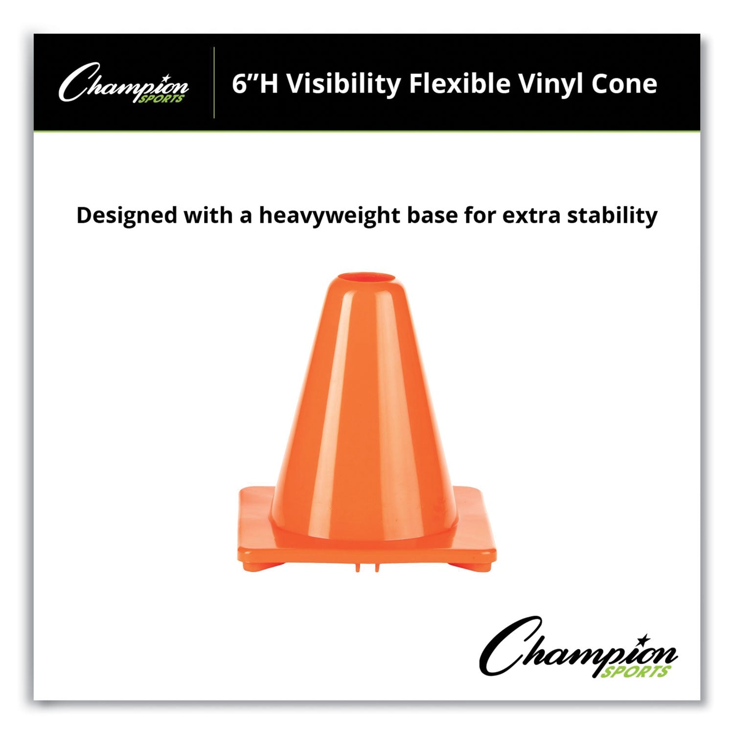 Champion Sports Hi-Visibility Vinyl Cones, 6" Tall, Fluorescent Orange, 9.5" x 9.5" Base