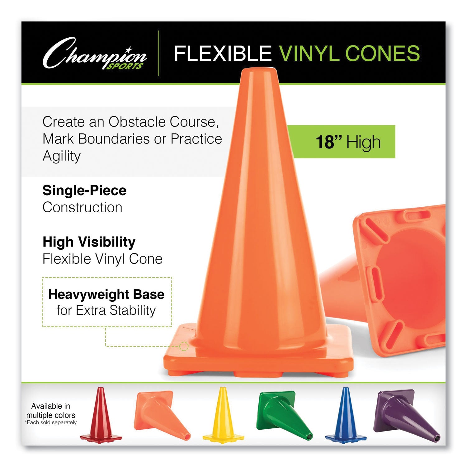 Champion Sports Hi-Visibility Vinyl Cones, 18" Tall, Fluorescent Orange, 10.63" x 10.63" Base