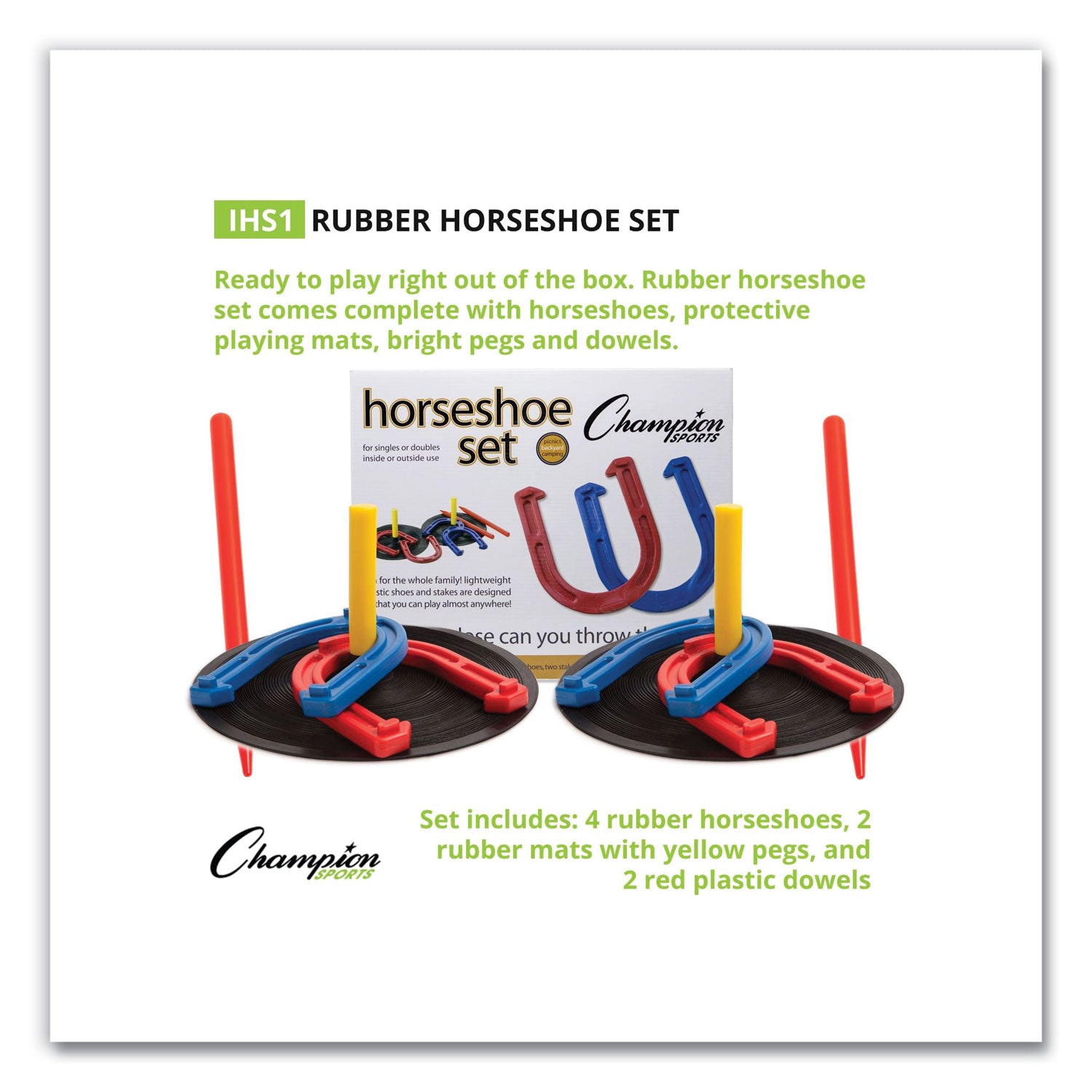 Champion Sports Indoor/Outdoor Rubber Horseshoe Set, 4 Rubber Horseshoes, 2 Rubber Mats, 2 Plastic Dowels