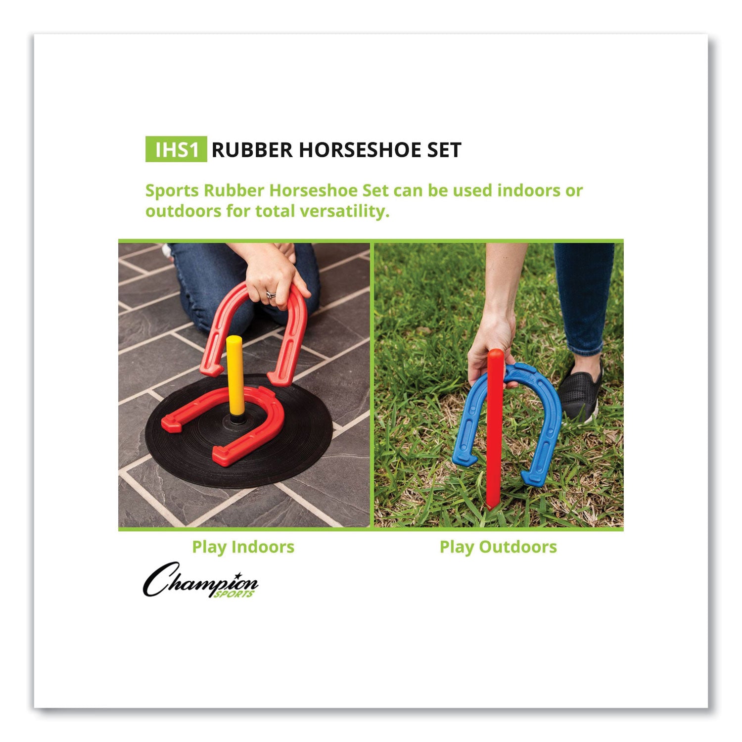 Champion Sports Indoor/Outdoor Rubber Horseshoe Set, 4 Rubber Horseshoes, 2 Rubber Mats, 2 Plastic Dowels