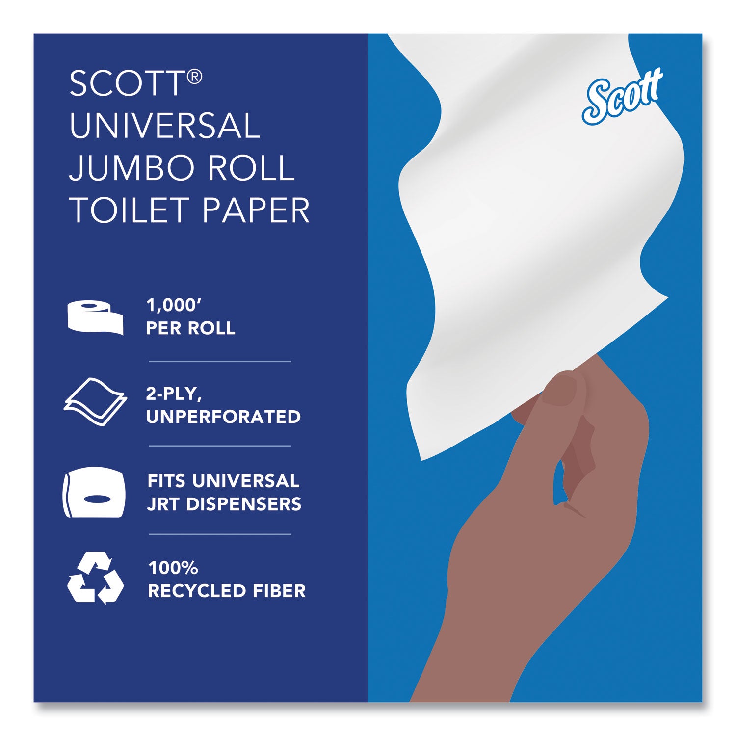 Scott® Essential 100% Recycled Fiber JRT Bathroom Tissue for Business, Septic Safe, 2-Ply, White, 3.55" x 1,000 ft, 12 Rolls/Carton