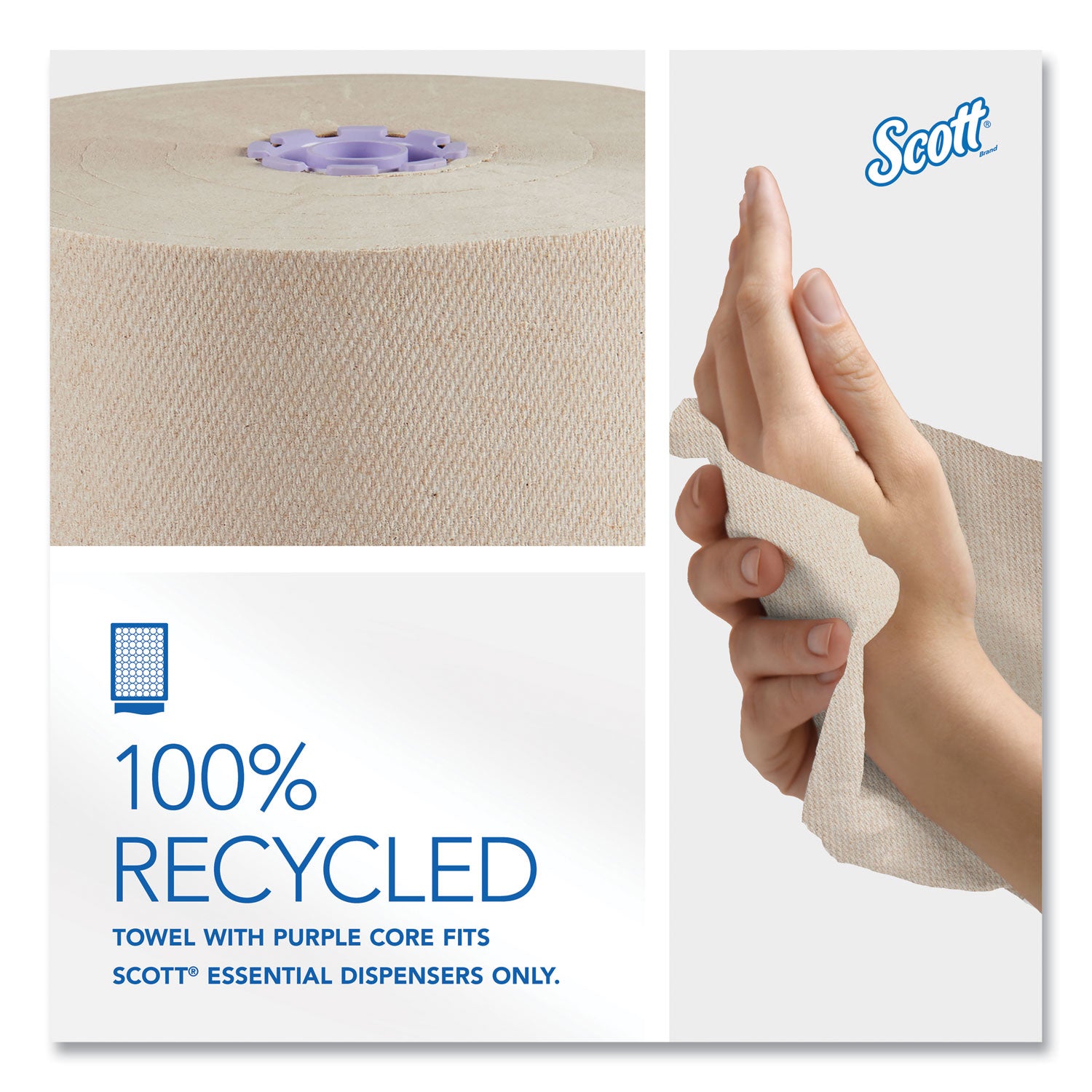 Scott® Essential 100% Recycled Fiber Hard Roll Towel, 1-Ply, 8" x 700 ft, 1.75" Core, Brown, 6 Rolls/Carton