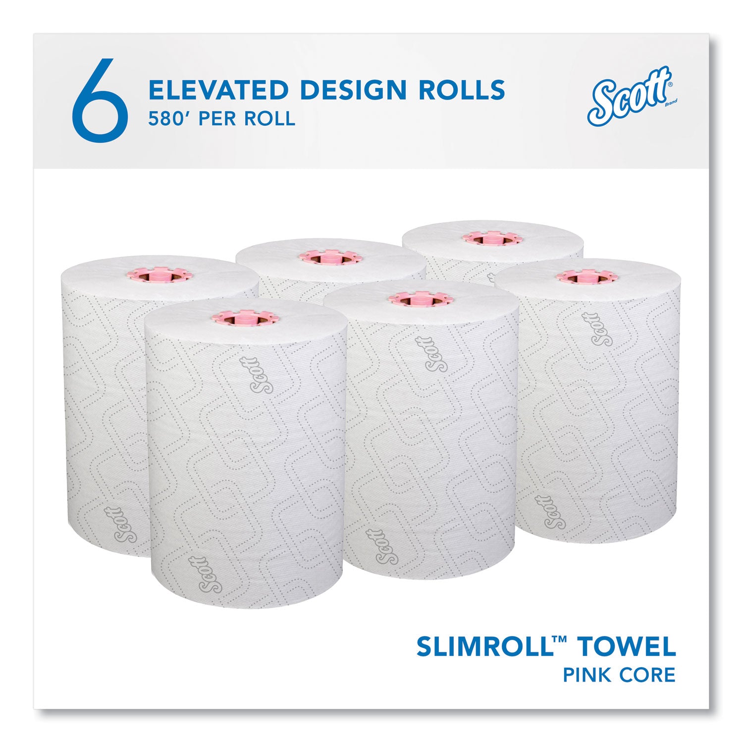 Scott® Slimroll Towels, 1-Ply, 8" x 580 ft, White/Pink Core, Traditional Business, 6 Rolls/Carton