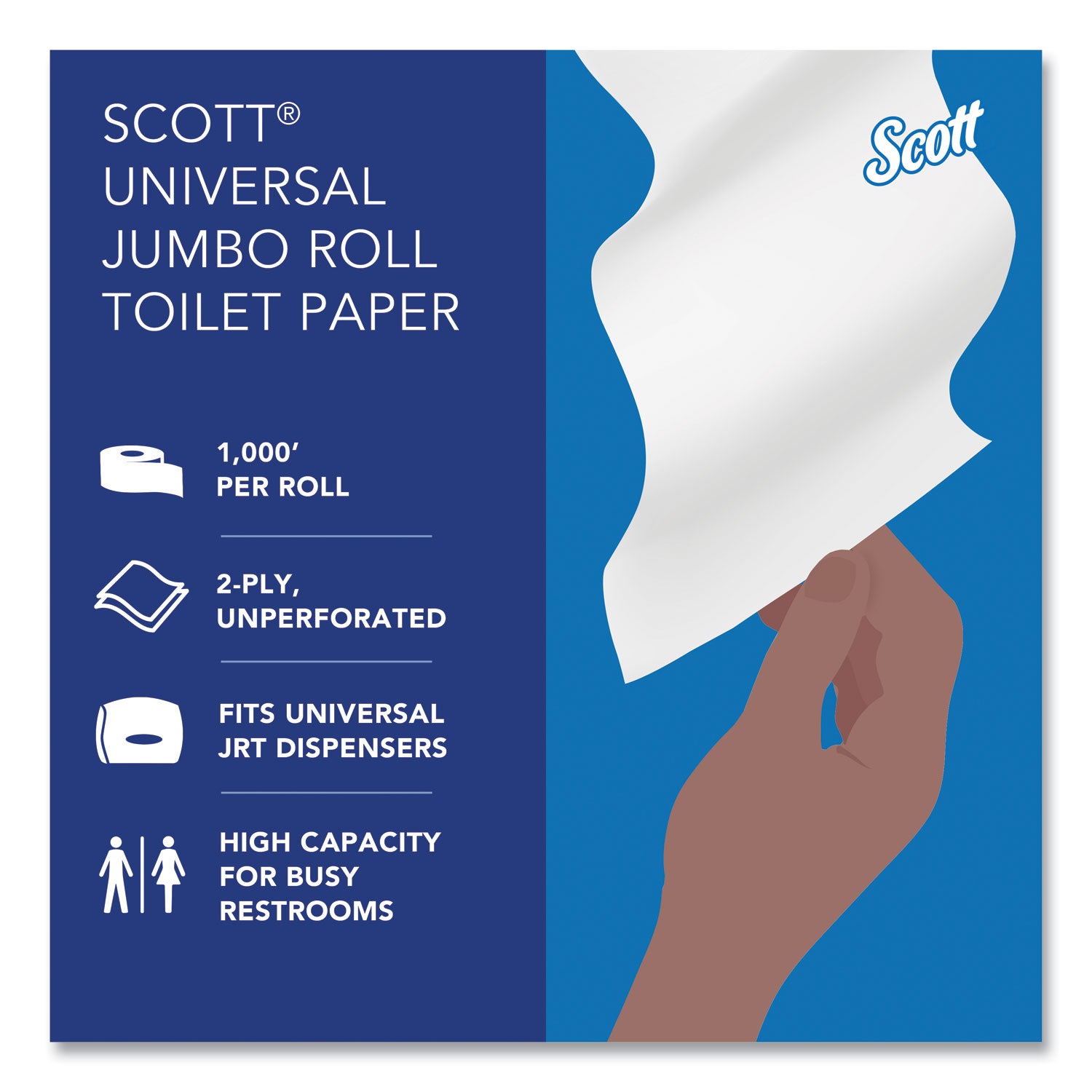 Scott® Essential JRT Jumbo Roll Bathroom Tissue, Septic Safe, 2-Ply, White, 3.55" x 1,000 ft, 12 Rolls/Carton