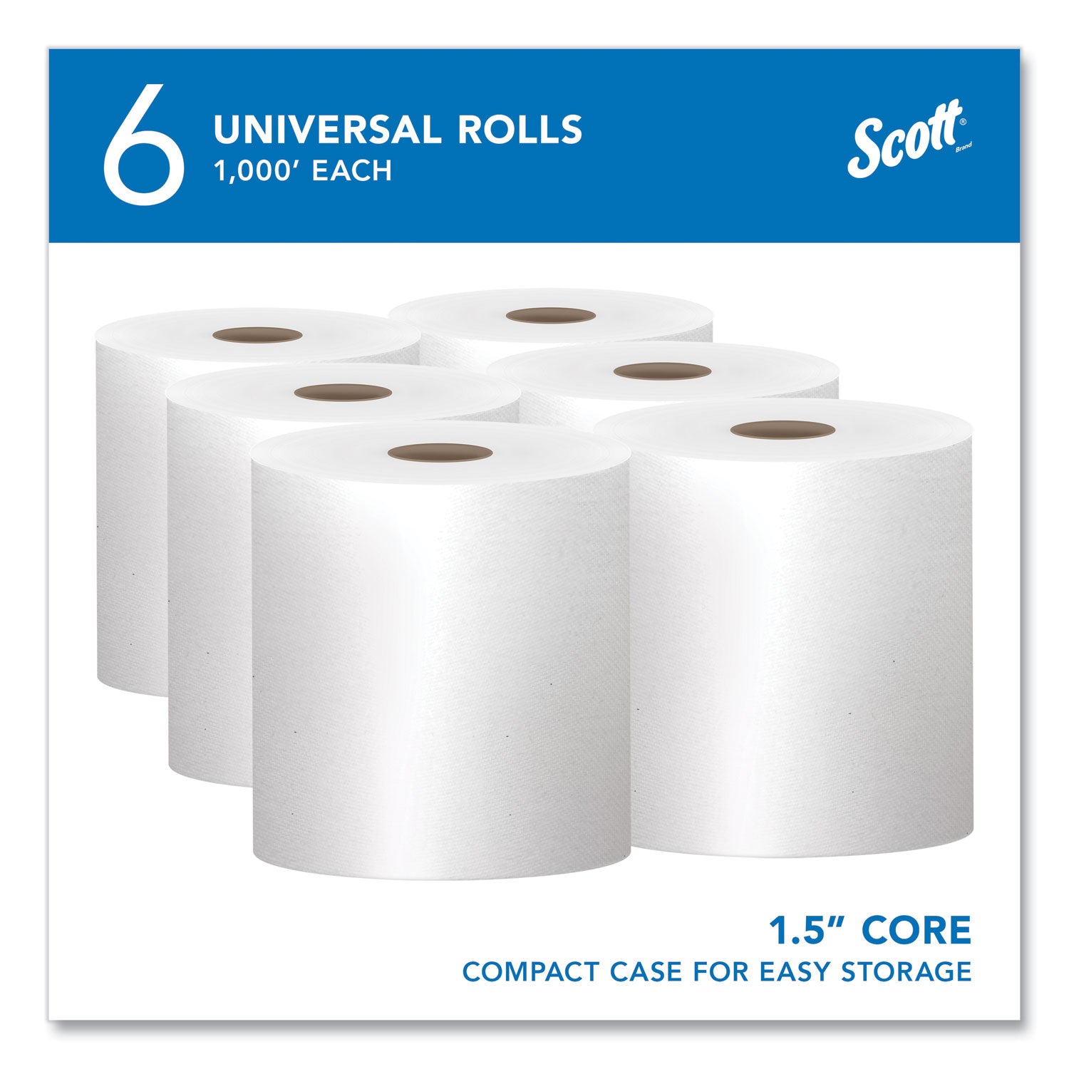 Scott® Essential High Capacity Hard Roll Towels for Business, 1-Ply, 8" x 1,000 ft, 1.5" Core, Recycled, White, 6 Rolls/Carton