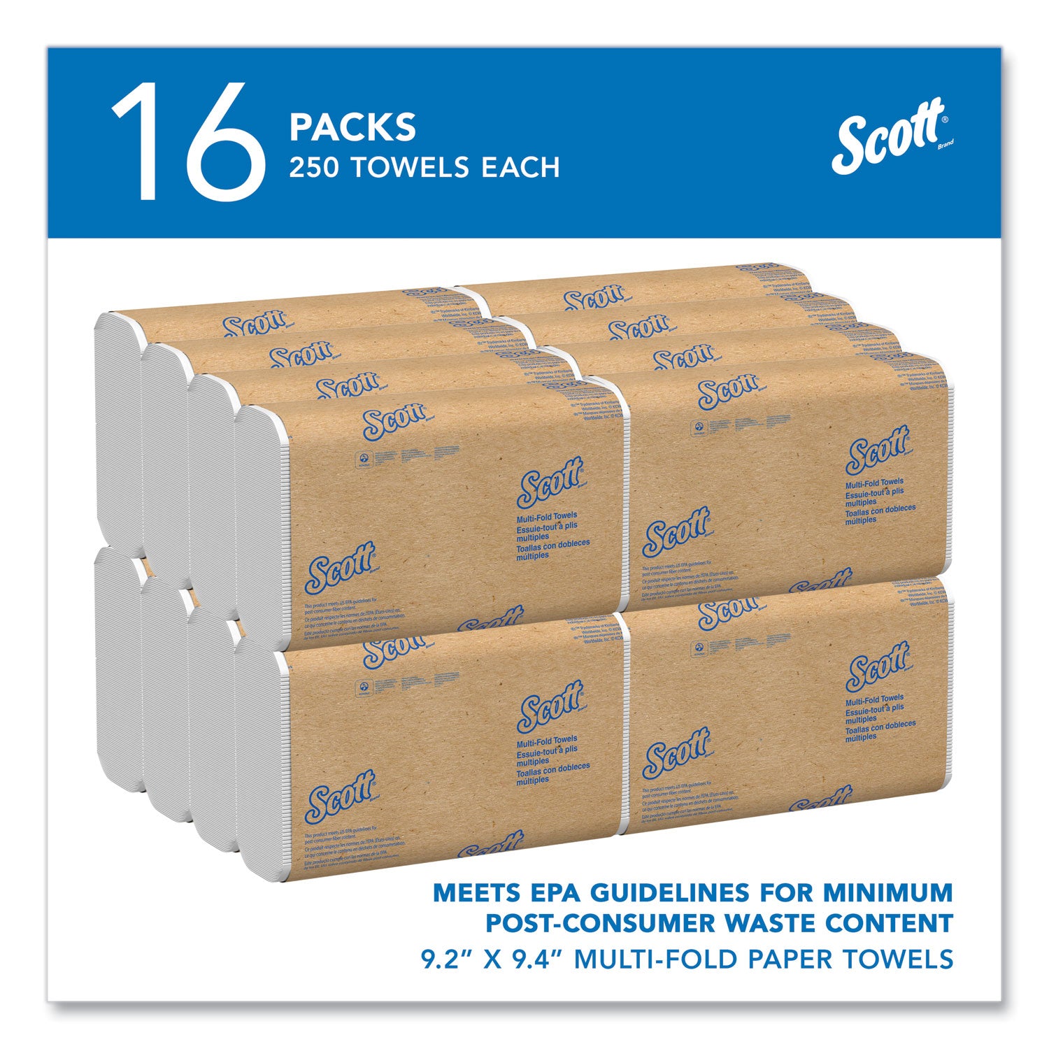 Scott® Essential Multi-Fold Towels, Plus Tier, Absorbency Pockets, 1-Ply, 9.2 x 9.4, White, 250/Packs, 16 Packs/Carton