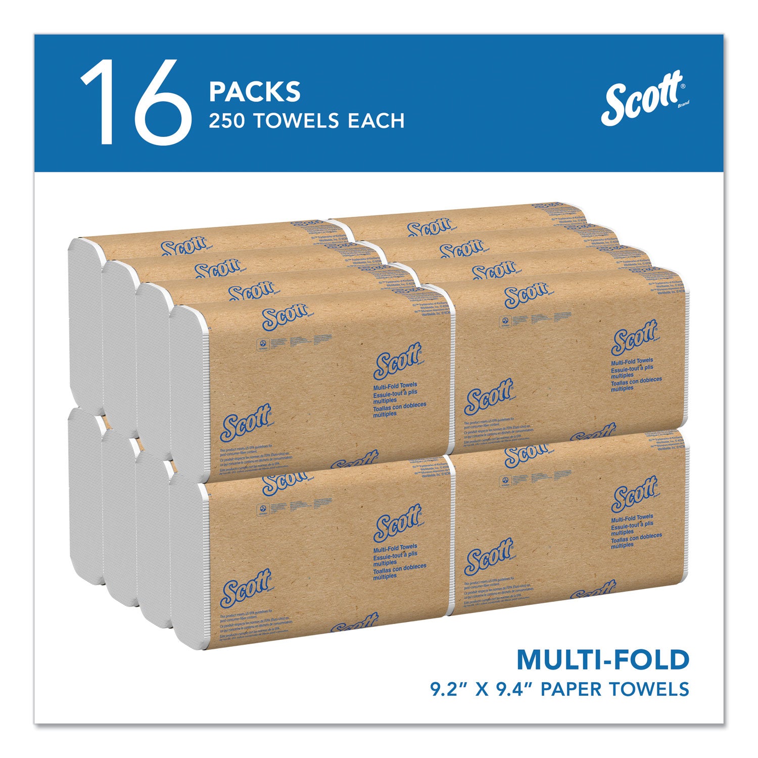 Scott® Essential Multi-Fold Towels, Standard Tier, Absorbency Pockets, 1-Ply, 9.2 x 9.4, White, 250/Pack, 16 Packs/Carton