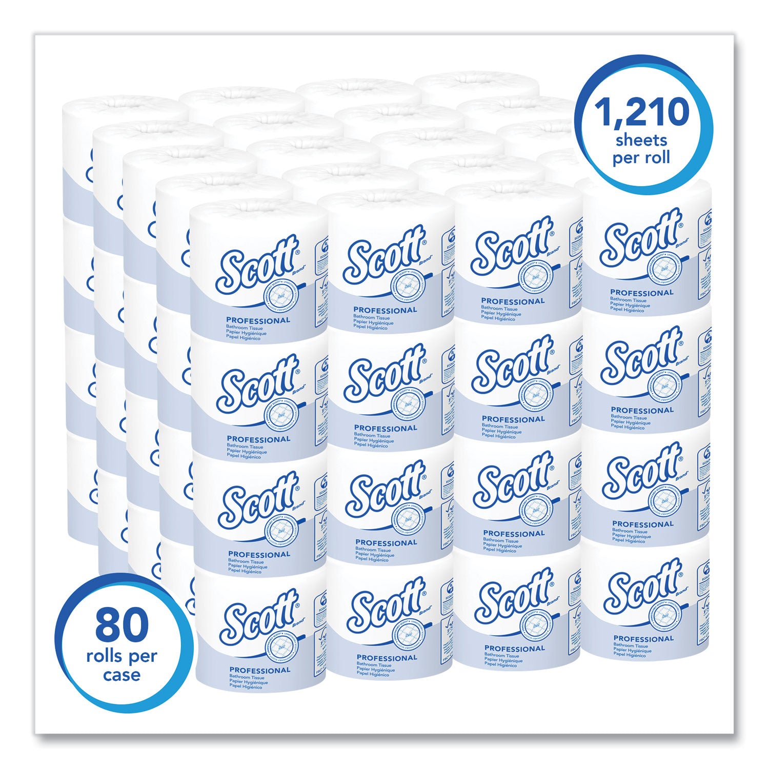 Scott® Essential Standard Roll Bathroom Tissue for Business, Septic Safe, 1-Ply, White, 1,210 Sheets/Roll, 80 Rolls/Carton