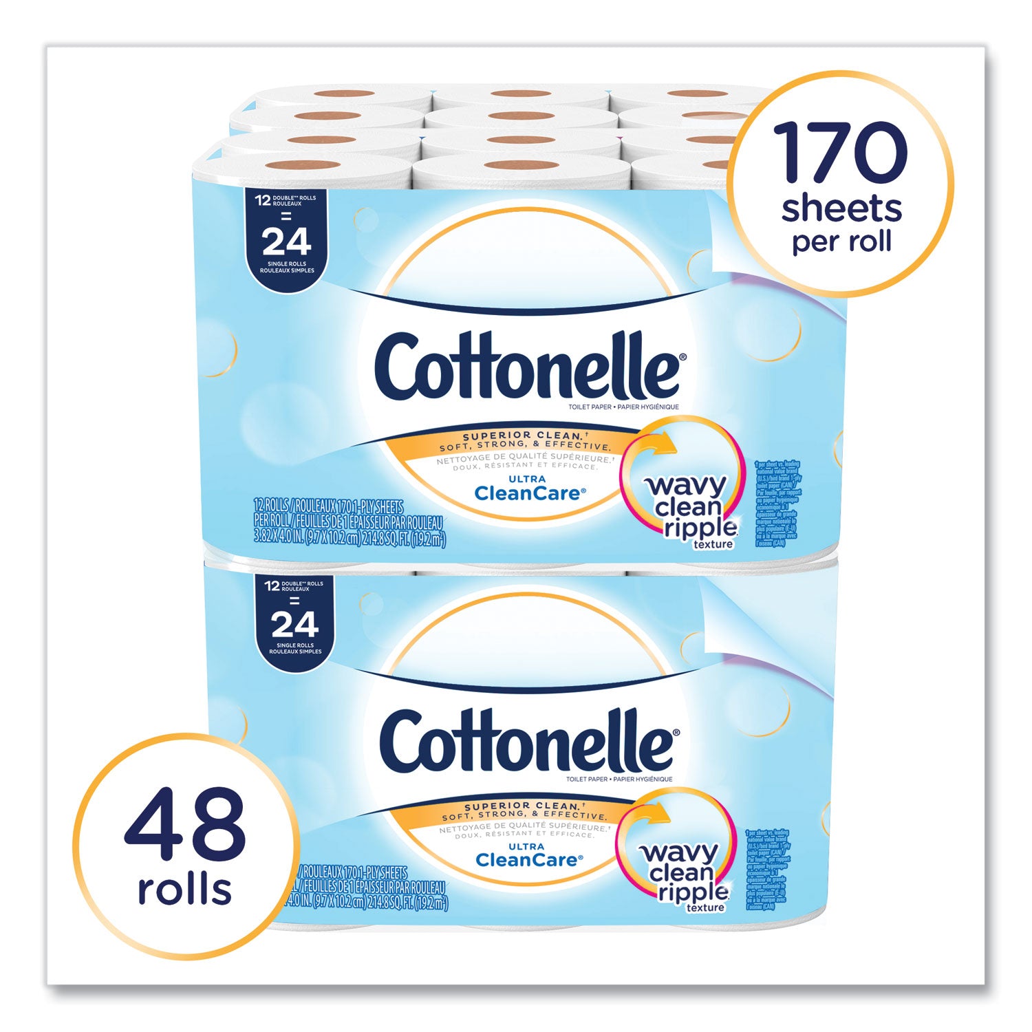 Cottonelle® Clean Care Bathroom Tissue, Septic Safe, 1-Ply, White, 170 Sheets/Roll, 48 Rolls/Carton