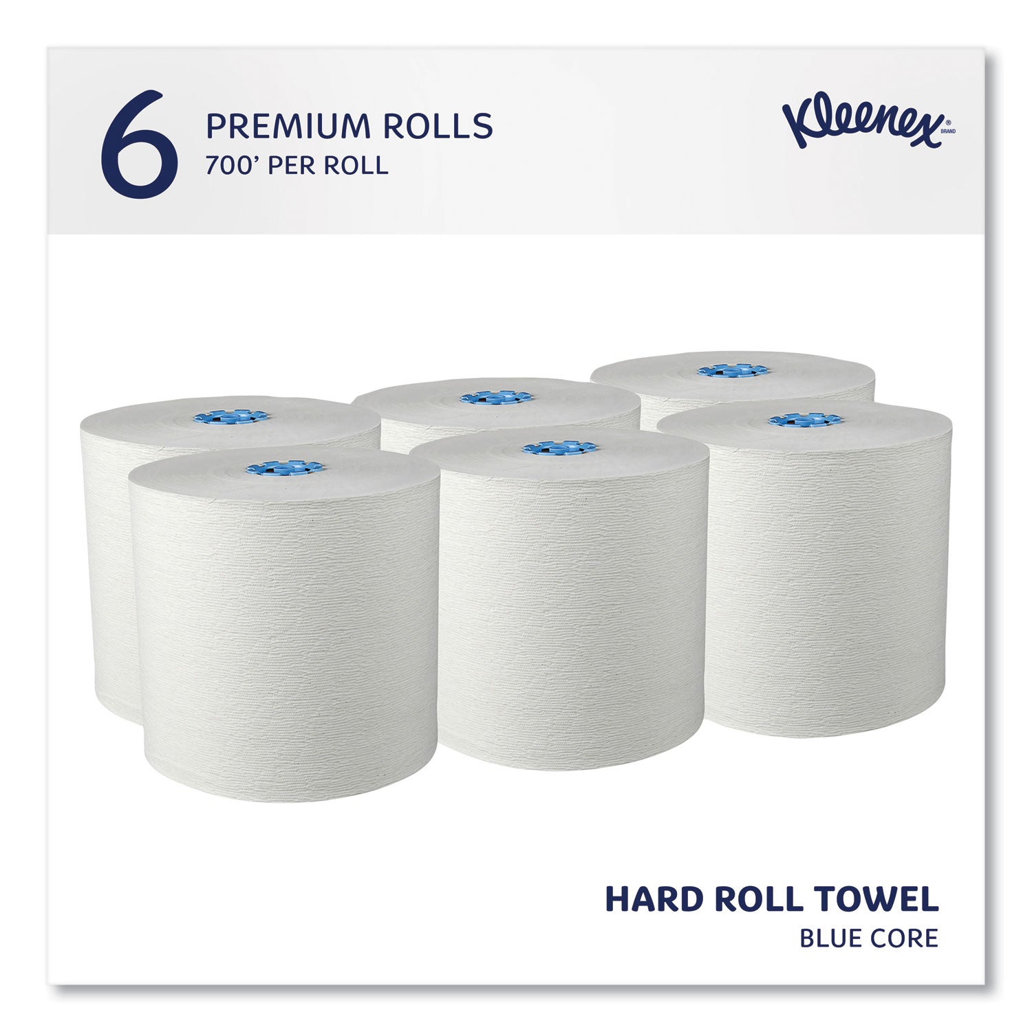 Kleenex® Hard Roll Paper Towels with Premium Absorbency Pockets with Colored Core, Blue Core, 1-Ply, 7.5" x 700 ft, White, 6 Rolls/CT