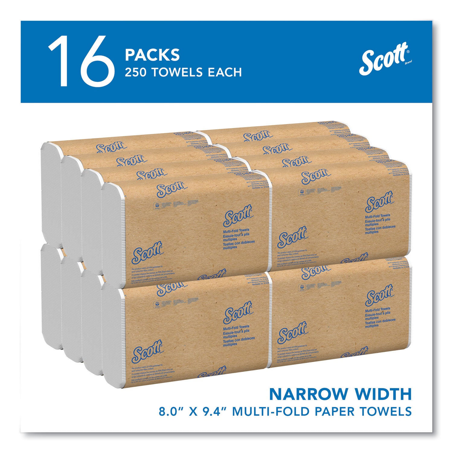 Scott® Essential Multi-Fold Towels, 1-Ply, 8 x 9.4, White, 250/Pack, 16 Packs/Carton