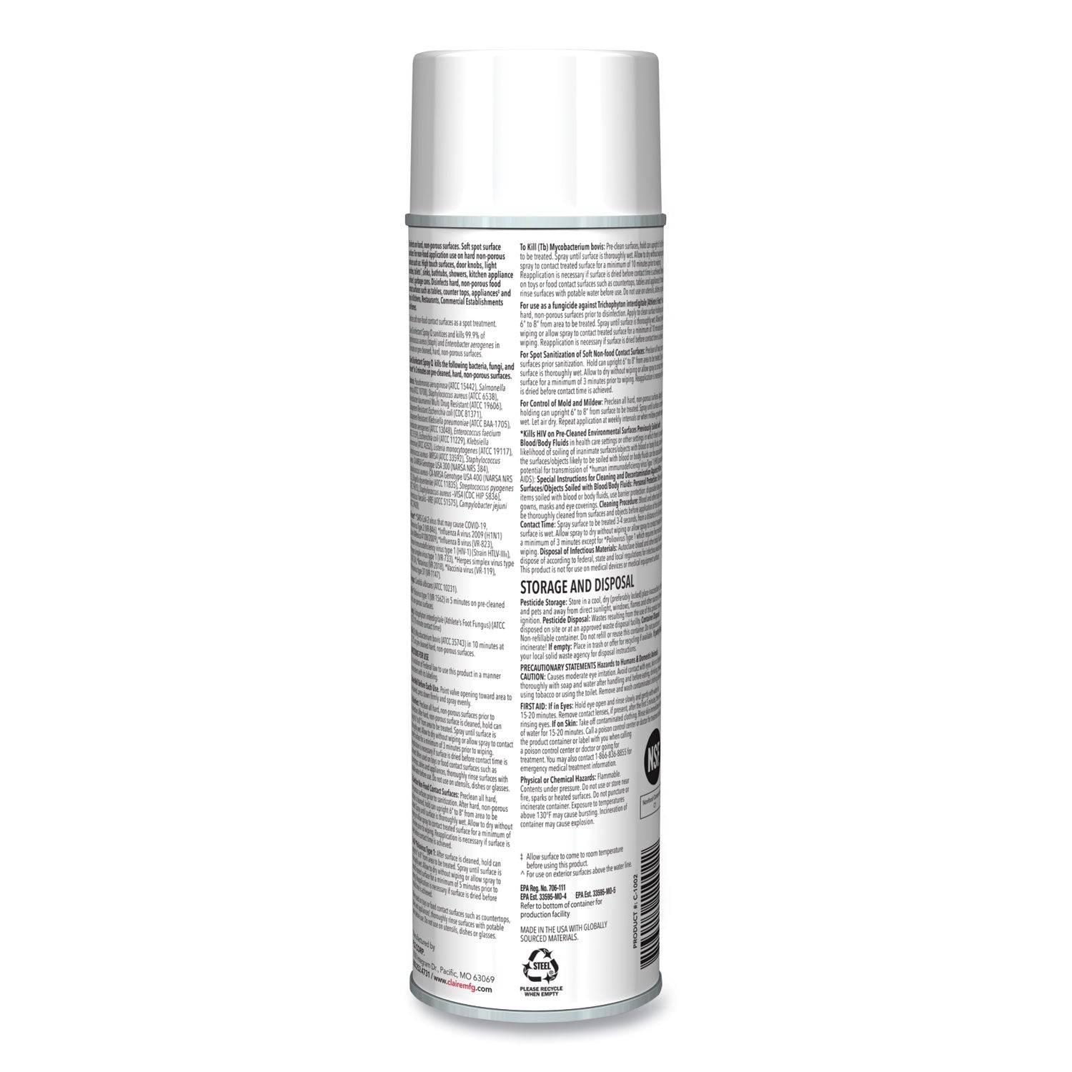 Claire® Spray Q Disinfectant, Lemon Scent, 17 oz Aerosol Spray, Dozen