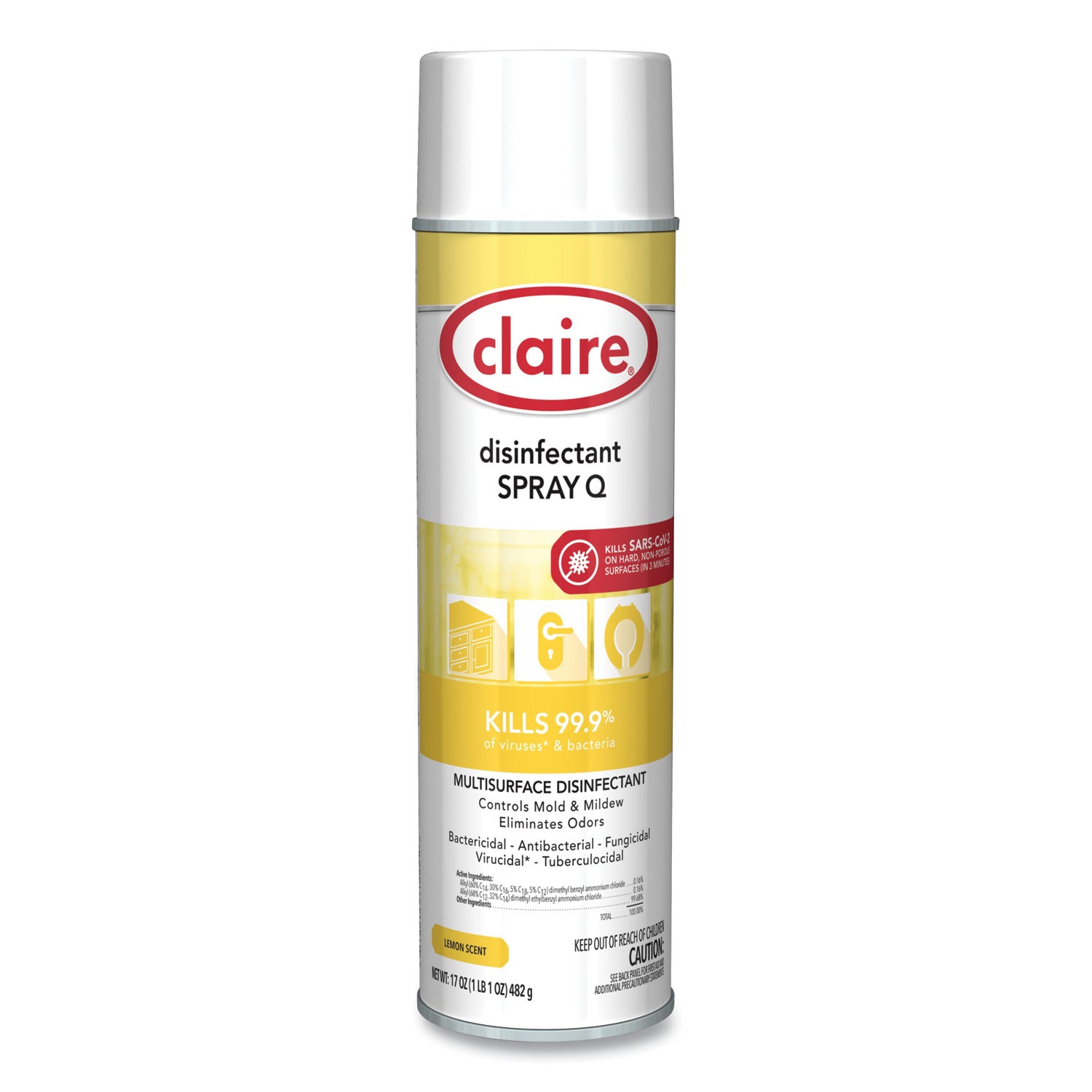 Claire® Spray Q Disinfectant, Lemon Scent, 17 oz Aerosol Spray, Dozen