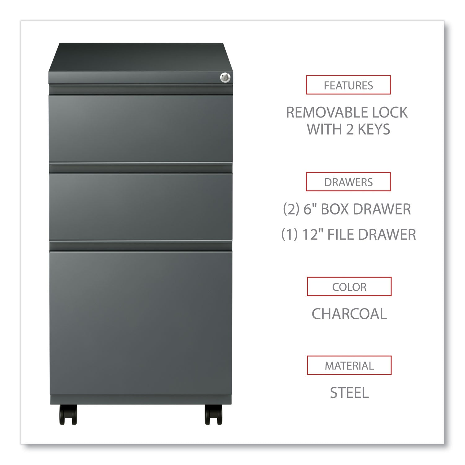 Alera® File Pedestal with Full-Length Pull, Left or Right, 3-Drawers: Box/Box/File, Legal/Letter, Charcoal, 14.96" x 19.29" x 27.75"