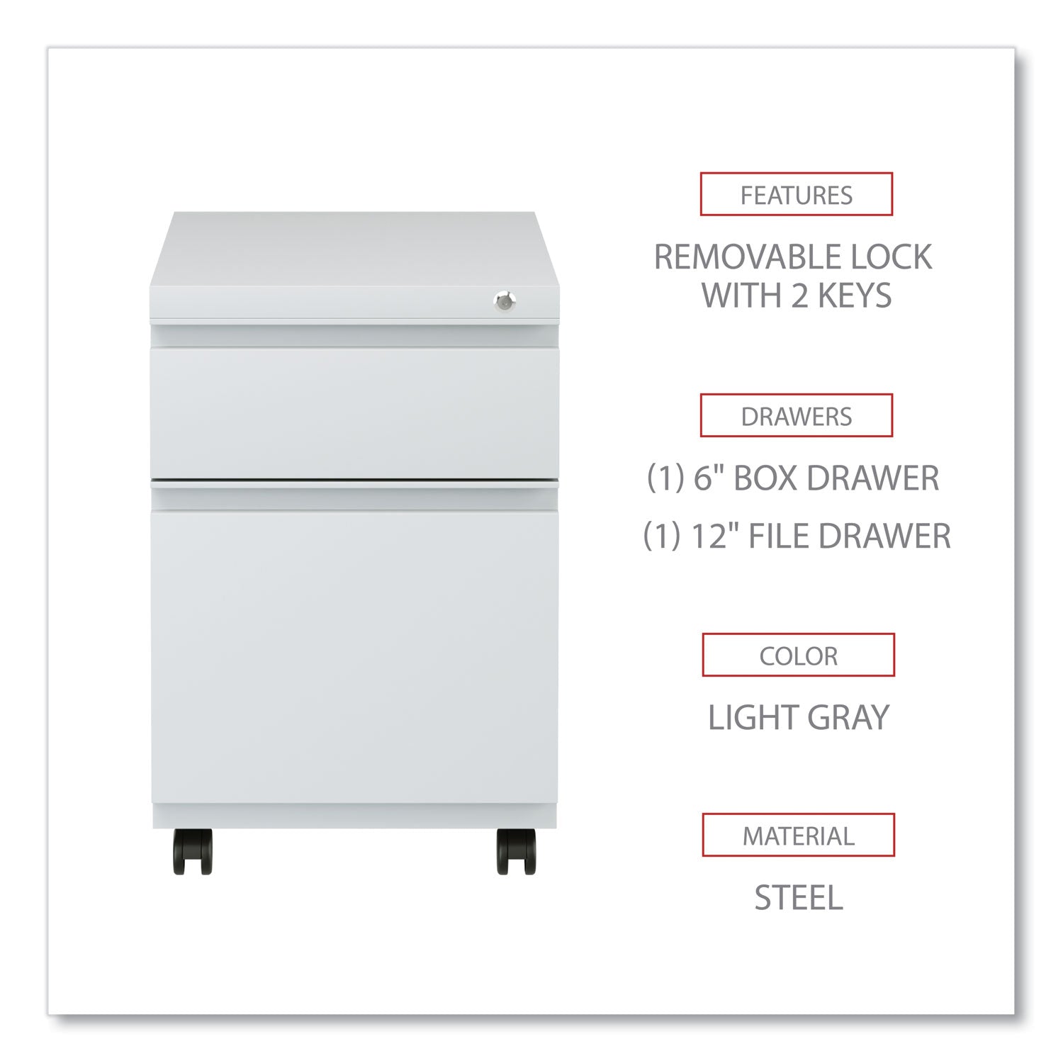 Alera® File Pedestal with Full-Length Pull, Left or Right, 2-Drawers: Box/File, Legal/Letter, Light Gray, 14.96" x 19.29" x 21.65"