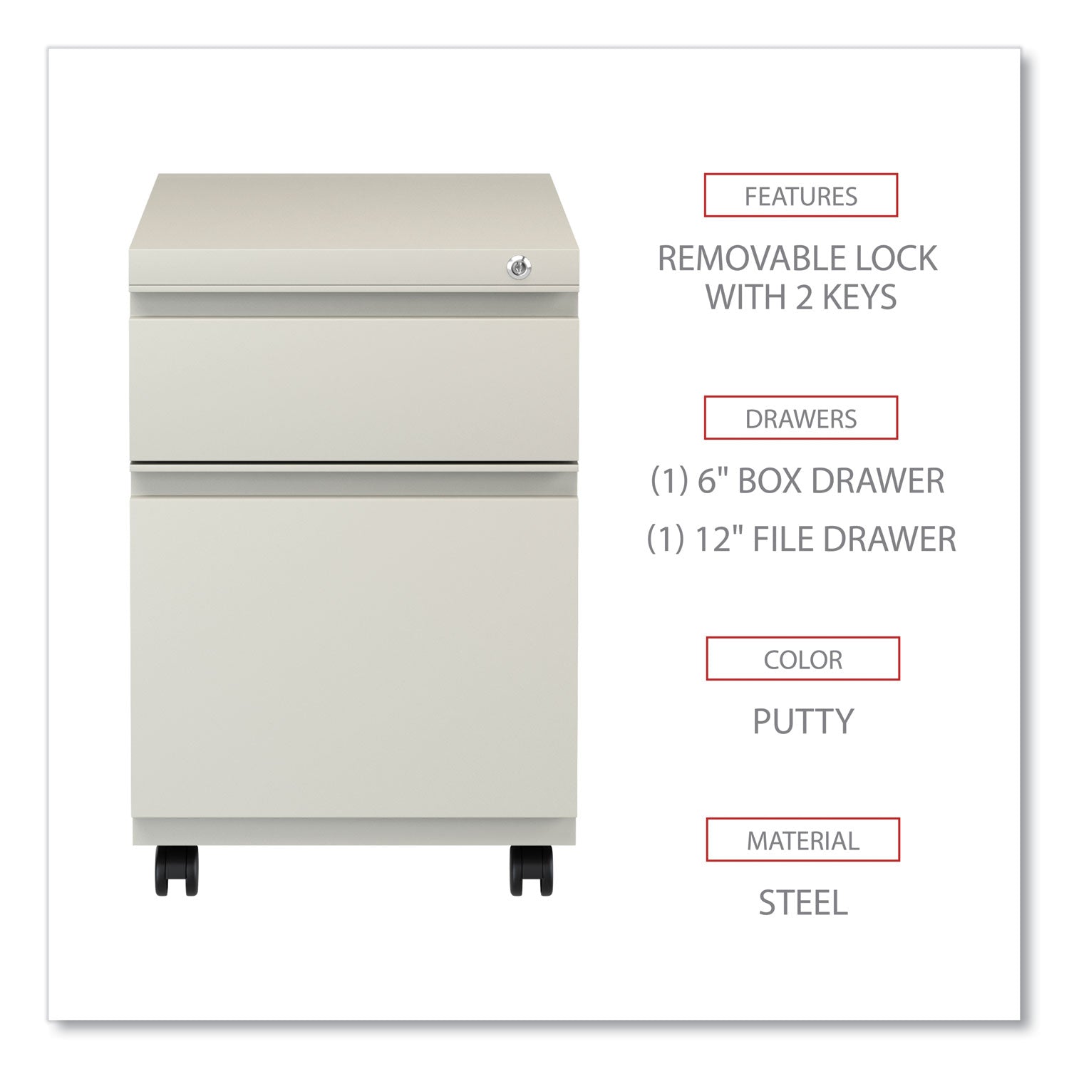 Alera® File Pedestal with Full-Length Pull, Left or Right, 2-Drawers: Box/File, Legal/Letter, Putty, 14.96" x 19.29" x 21.65"