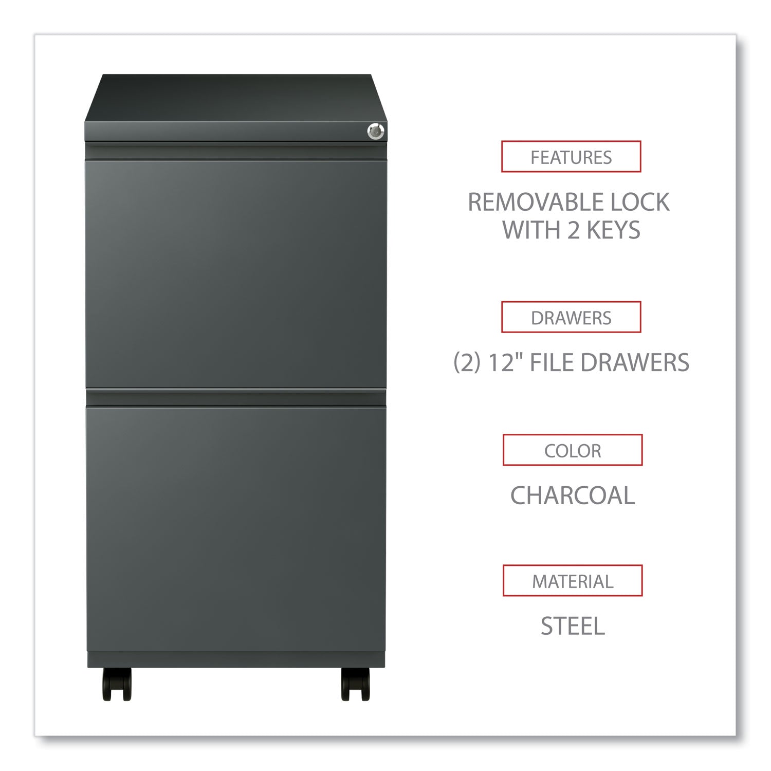 Alera® File Pedestal with Full-Length Pull, Left or Right, 2 Legal/Letter-Size File Drawers, Charcoal, 14.96" x 19.29" x 27.75"