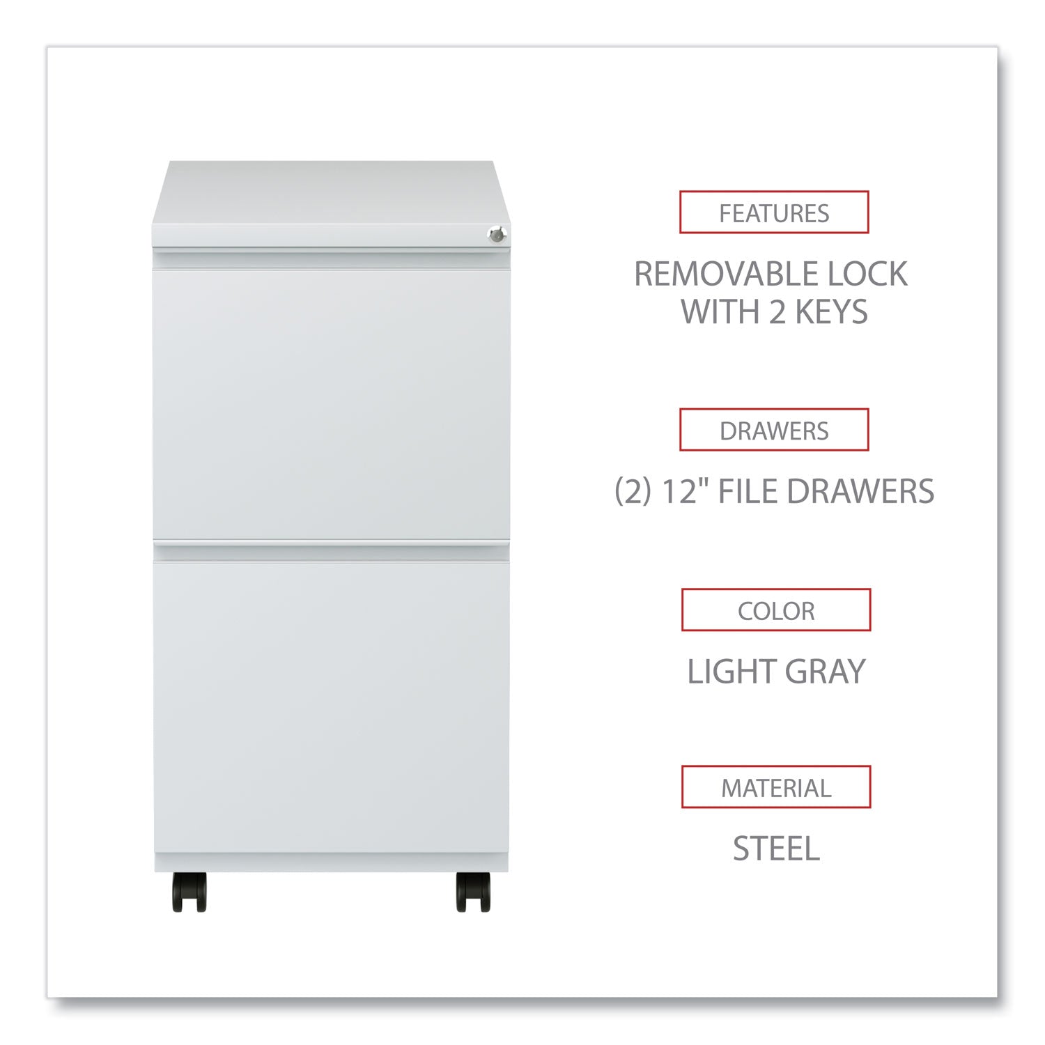 Alera® File Pedestal with Full-Length Pull, Left or Right, 2 Legal/Letter-Size File Drawers, Light Gray, 14.96" x 19.29" x 27.75"