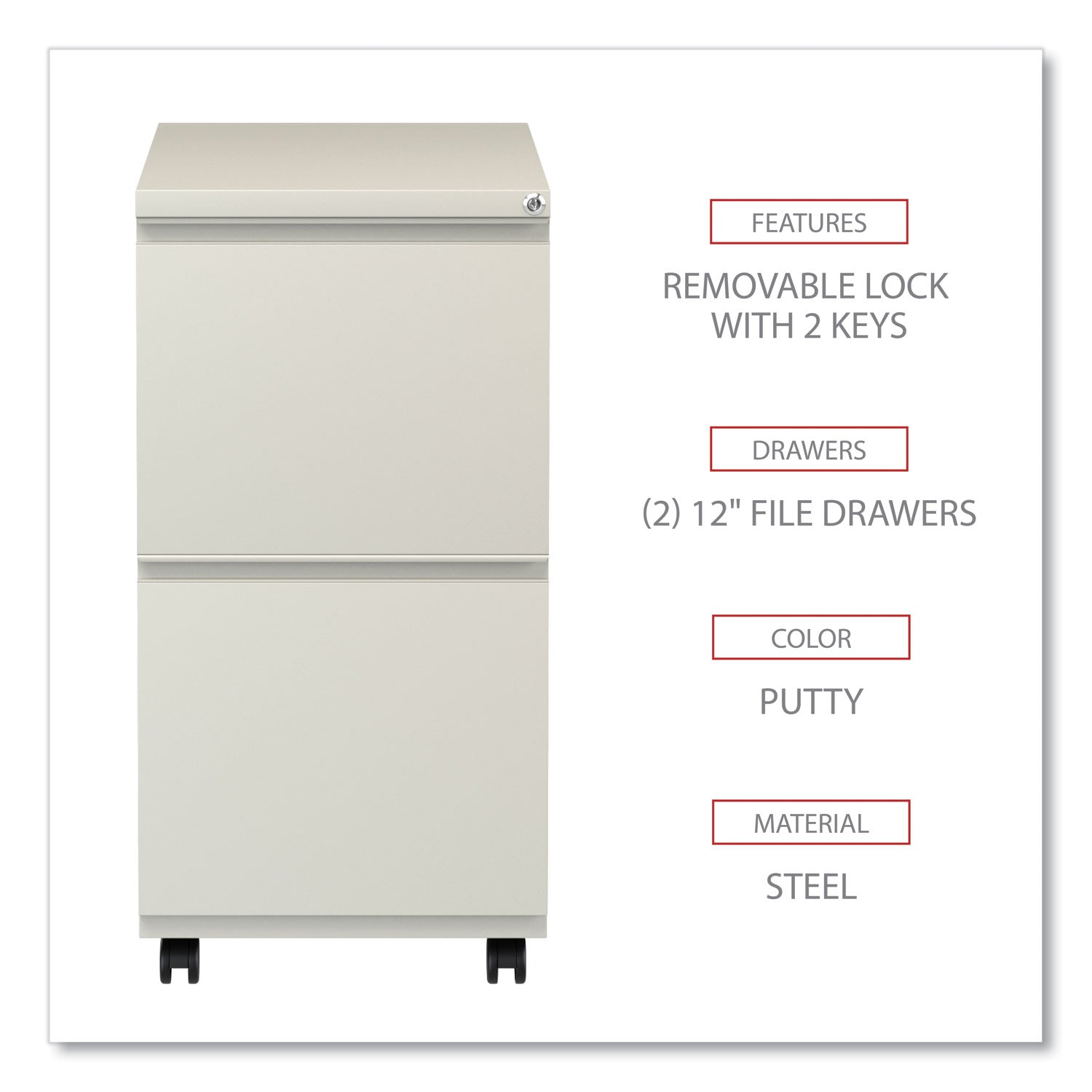 Alera® File Pedestal with Full-Length Pull, Left or Right, 2 Legal/Letter-Size File Drawers, Putty, 14.96" x 19.29" x 27.75"