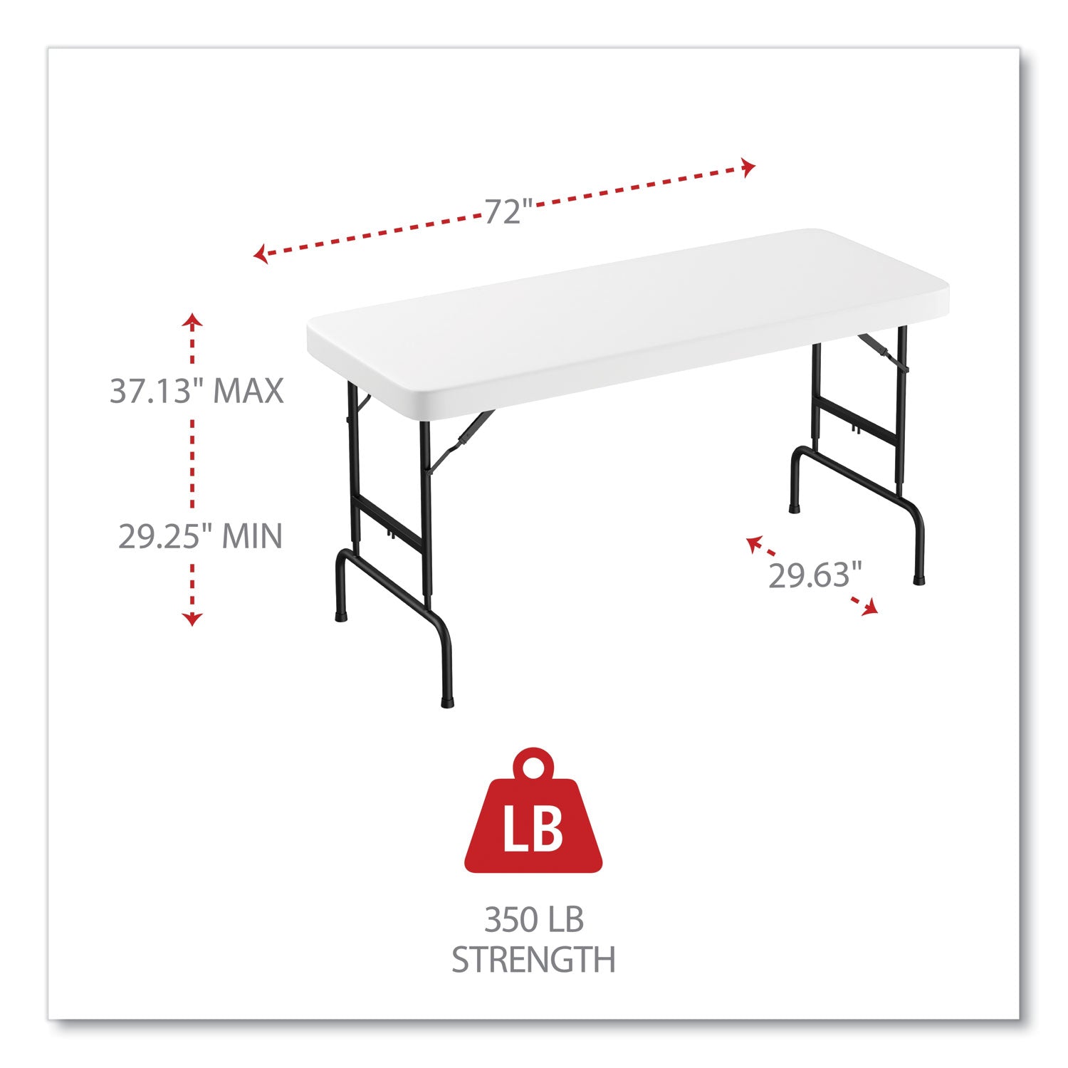 Adjustable Height Plastic Folding Table, Rectangular, 72w x 29.63d x 29.25 to 37.13h, White Alera® Flipcost