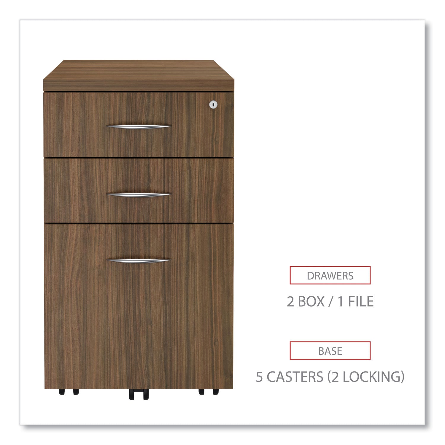 Alera® Alera Valencia Series Mobile Pedestal File, Left/Right, 3-Drawer: Box/Box/File, Legal/Letter, Walnut, 15.88 x 20.5 x 28.38