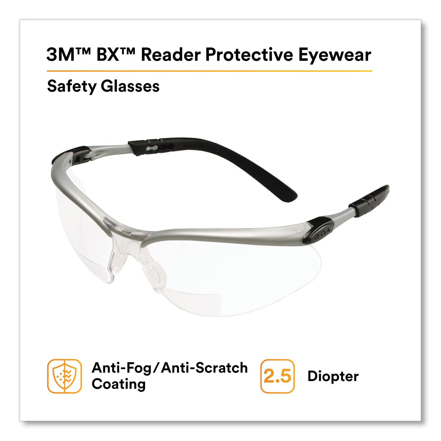 3M™ BX Molded-In Diopter Safety Glasses, 2.5+ Diopter Strength, Silver/Black Frame, Clear Lens