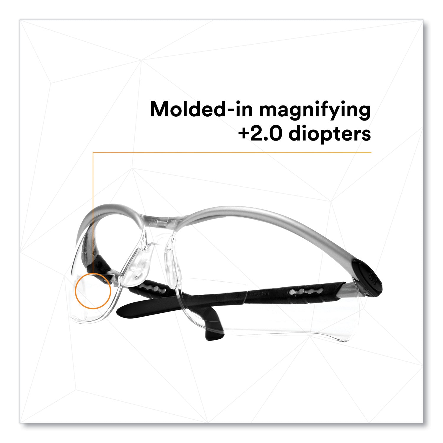 3M™ BX Molded-In Diopter Safety Glasses, 2.0+ Diopter Strength, Silver/Black Frame, Clear Lens