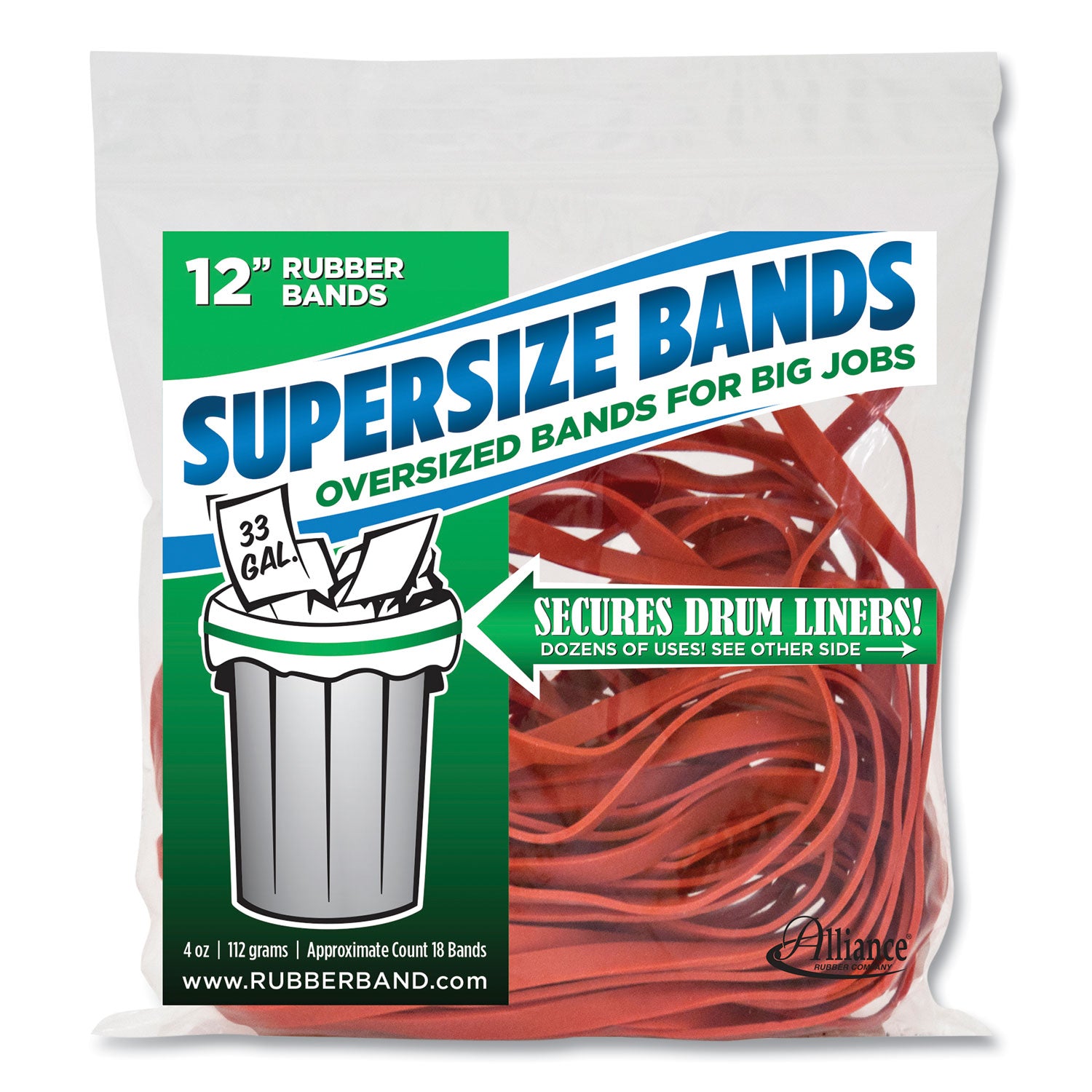 Alliance® SuperSize Bands, 0.25" x 12", 4,060 psi Max Elasticity, Red, 18/Pack