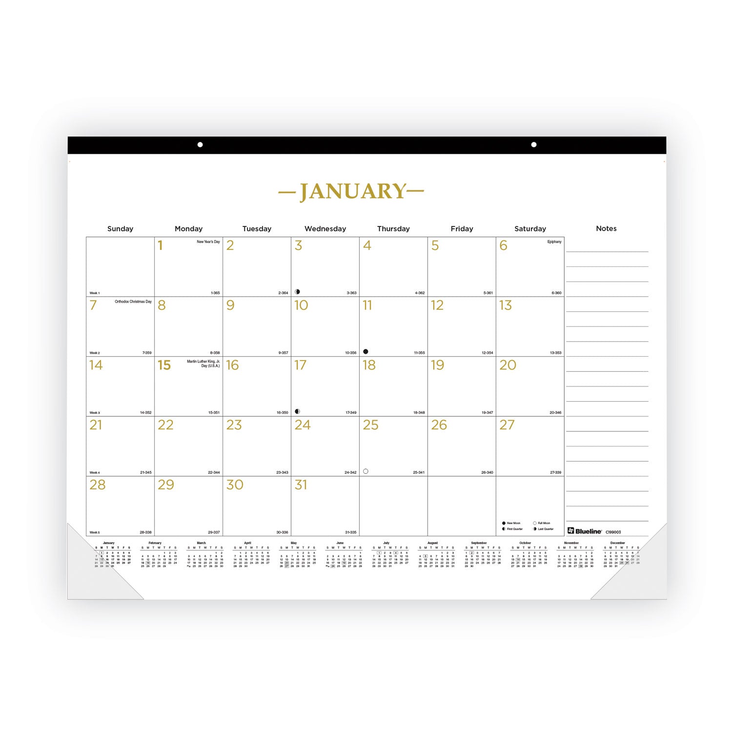 Gold Collection Monthly Desk Pad Calendar, 22 x 17, White Sheets, Black Headband, Clear Corners, 12-Month (Jan to Dec): 2025