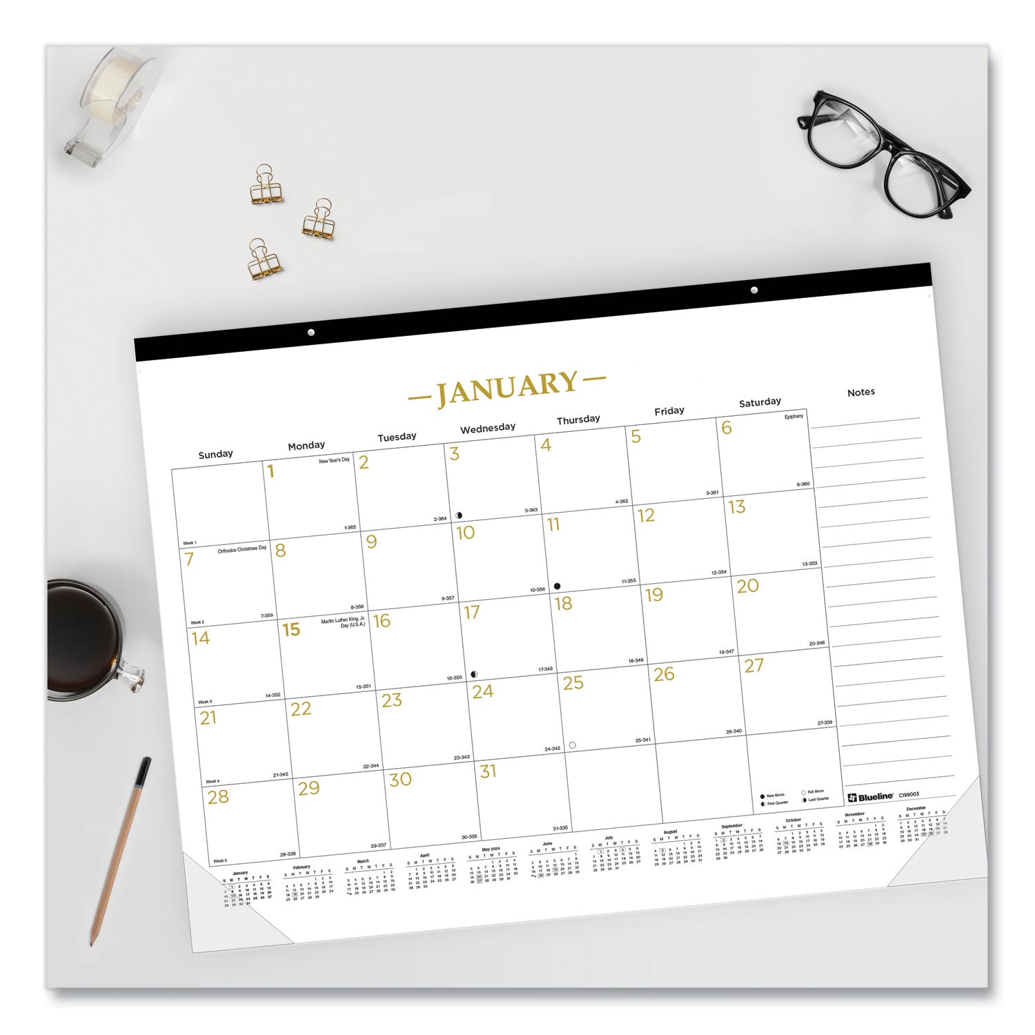 Blueline® Gold Collection Monthly Desk Pad Calendar, 22 x 17, White Sheets, Black Headband, Clear Corners, 12-Month (Jan to Dec): 2025