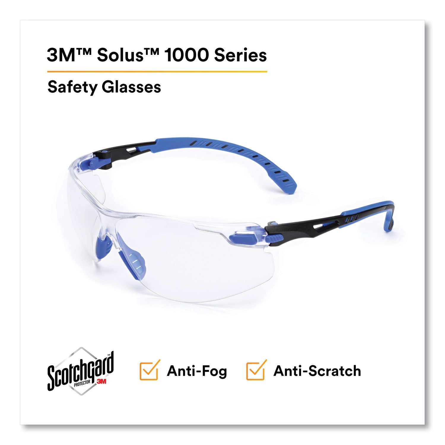 3M™ Solus 1000 Series Safety Glasses, Blue Plastic Frame, Clear Polycarbonate Lens