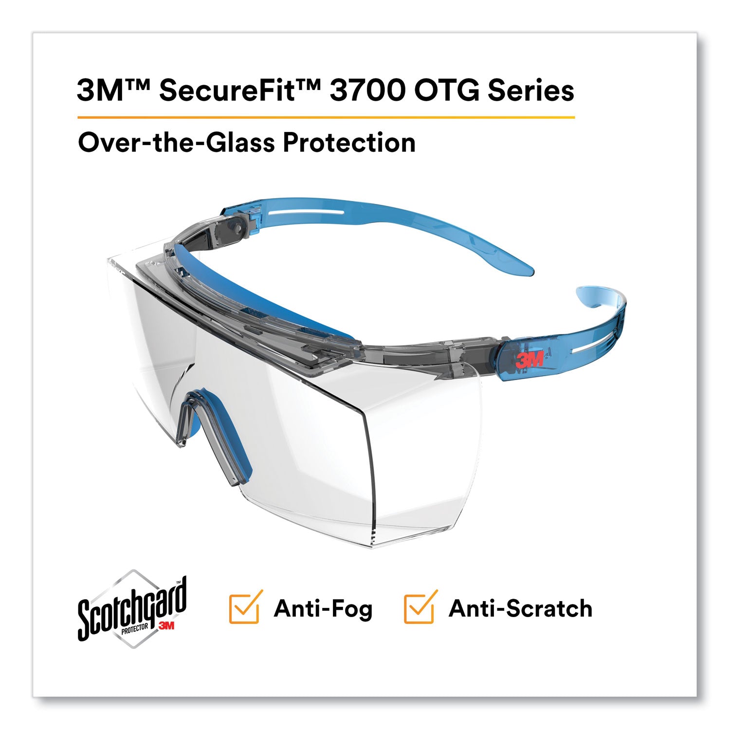 3M™ SecureFit Protective Eyewear, 3700 OTG Series, Blue Plastic Frame, Clean Polycarbonate Lens