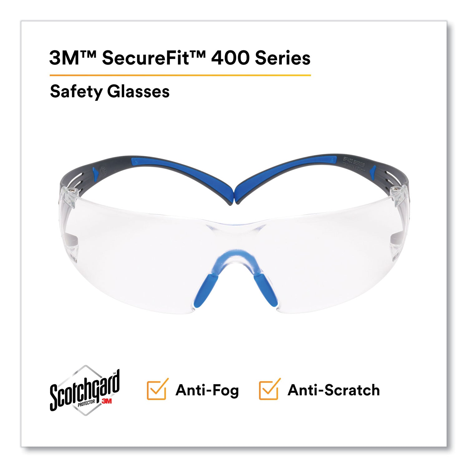 3M™ SecureFit Protective Eyewear, 400 Series, Black/Blue Plastic Frame, Clear Polycarbonate Lens