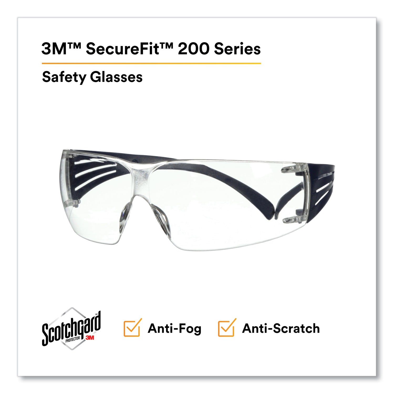 3M™ SecureFit Protective Eyewear, 200 Series, Dark Blue Plastic Frame, Clear Polycarbonate Lens