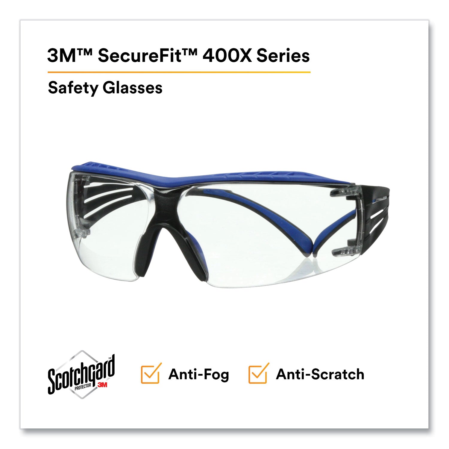 3M™ SecureFit Protective Eyewear, 400 Series, Blue/Gray Plastic Frame, Clear Polycarbonate Lens