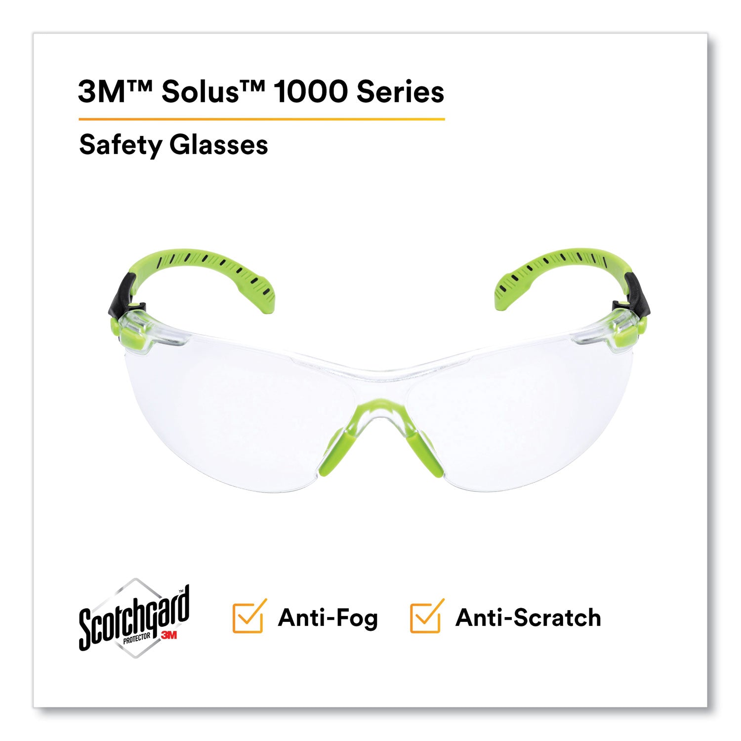 3M™ Solus 1000-Series Safety Glasses, Black/Green Plastic Frame, Clear Polycarbonate Lens