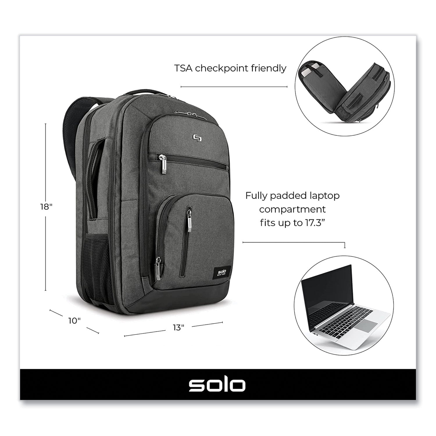 Solo Grand Travel TSA Backpack, 17.3”, 11.88 x 7 x 19, Dark Gray