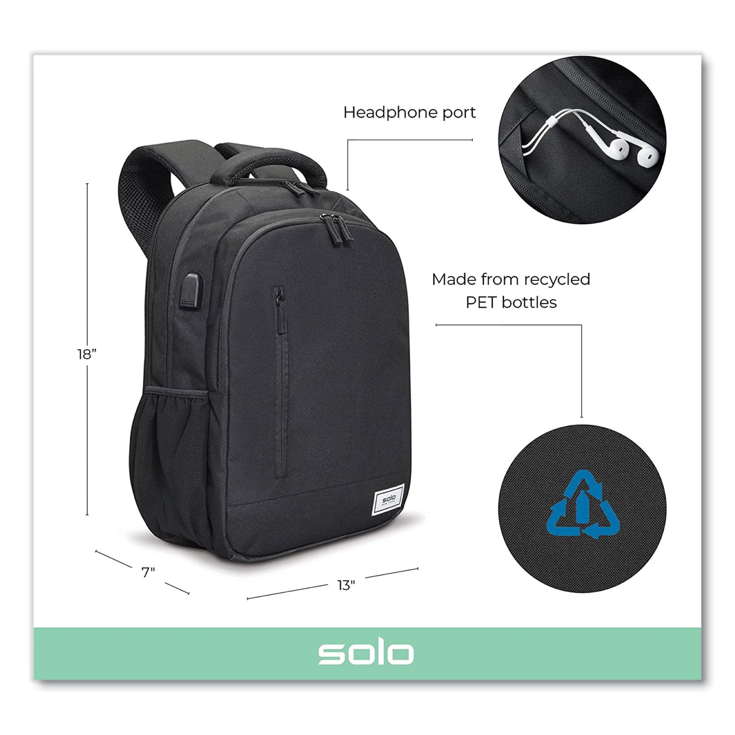 Solo Re:Define Laptop Backpack, 15.6”, 12.25 x 5.75 x 18.75, Black