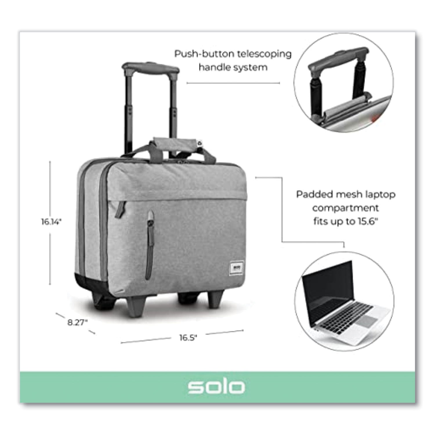 Solo Re:Start Underseat Rolling Case, 15.6”, 16 x 6 x 14, Light Gray