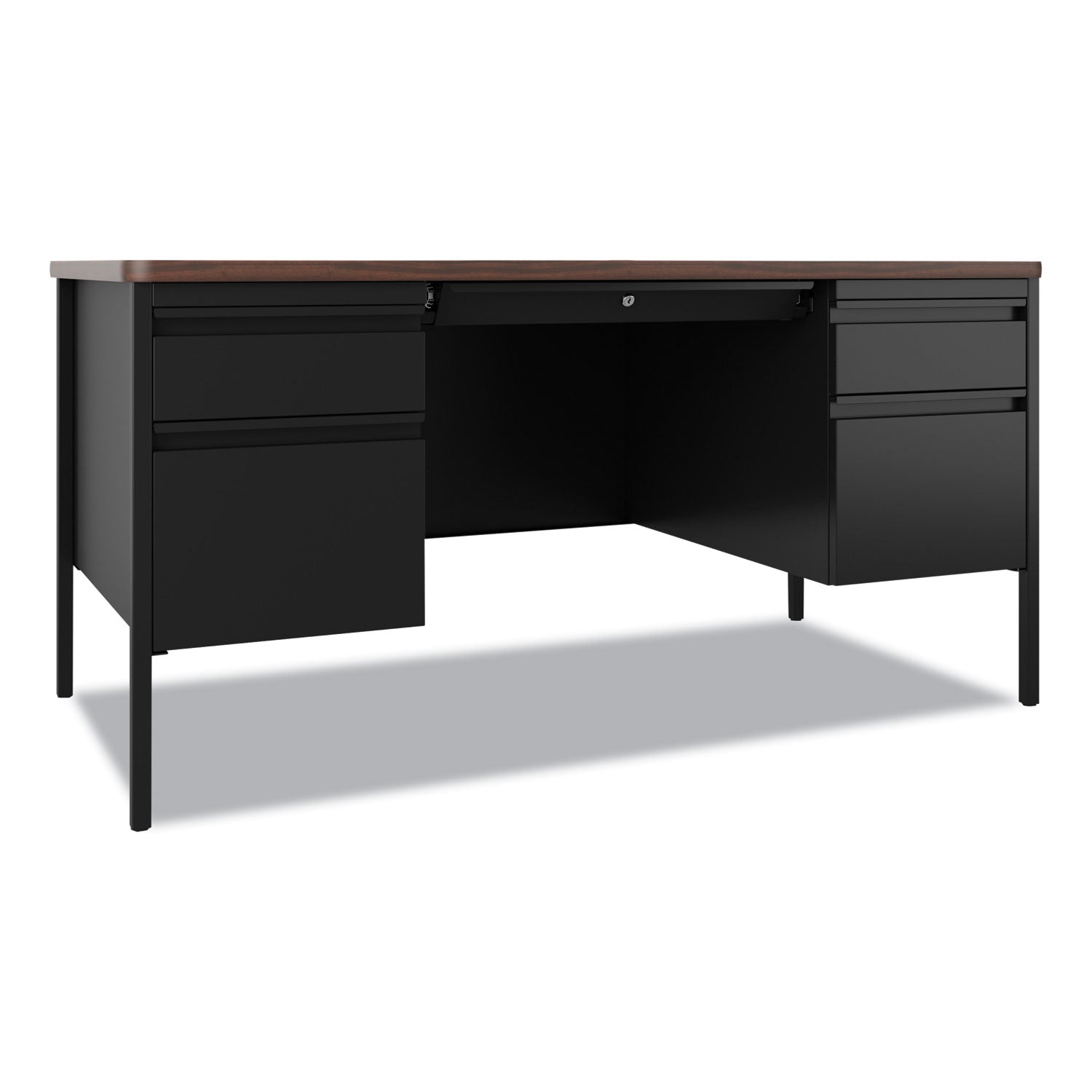 Teachers Pedestal Desks, Left and Right-Hand Pedestals: Box/File Drawer Format, 60" x 30" x 29.5", Walnut/Black