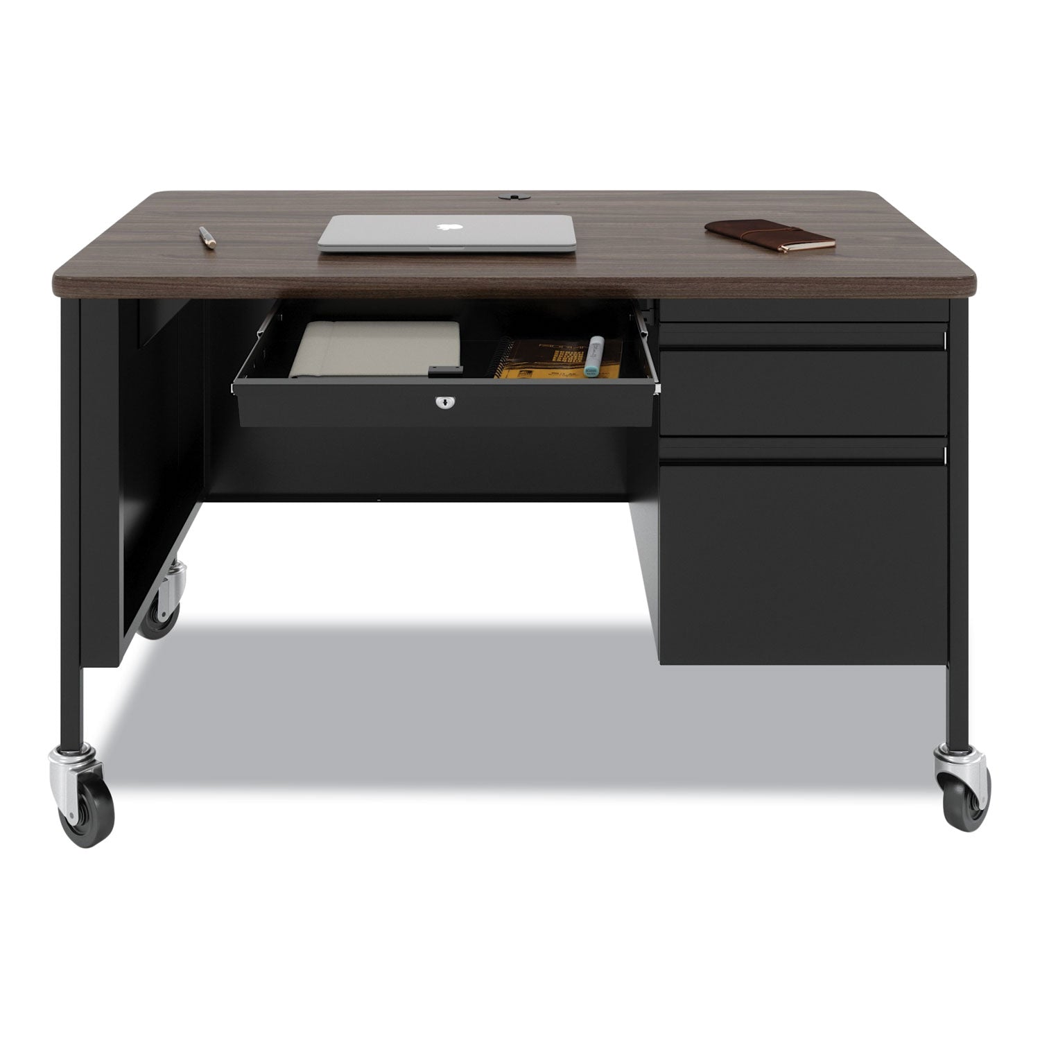 Hirsh Industries® Mobile Teachers Pedestal Desks, Right-Hand Pedestal: Box/File Drawers, 48" x 30" x 29.5", Walnut/Black