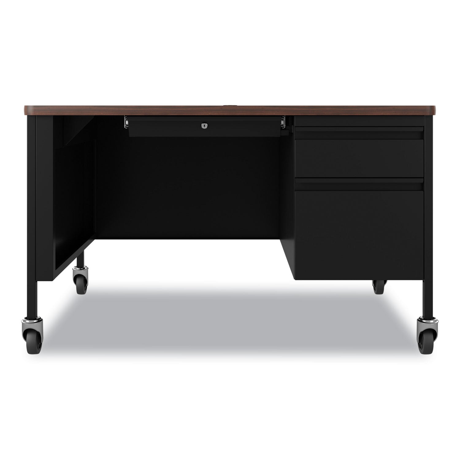 Mobile Teachers Pedestal Desks, Right-Hand Pedestal: Box/File Drawers, 48" x 30" x 29.5", Walnut/Black