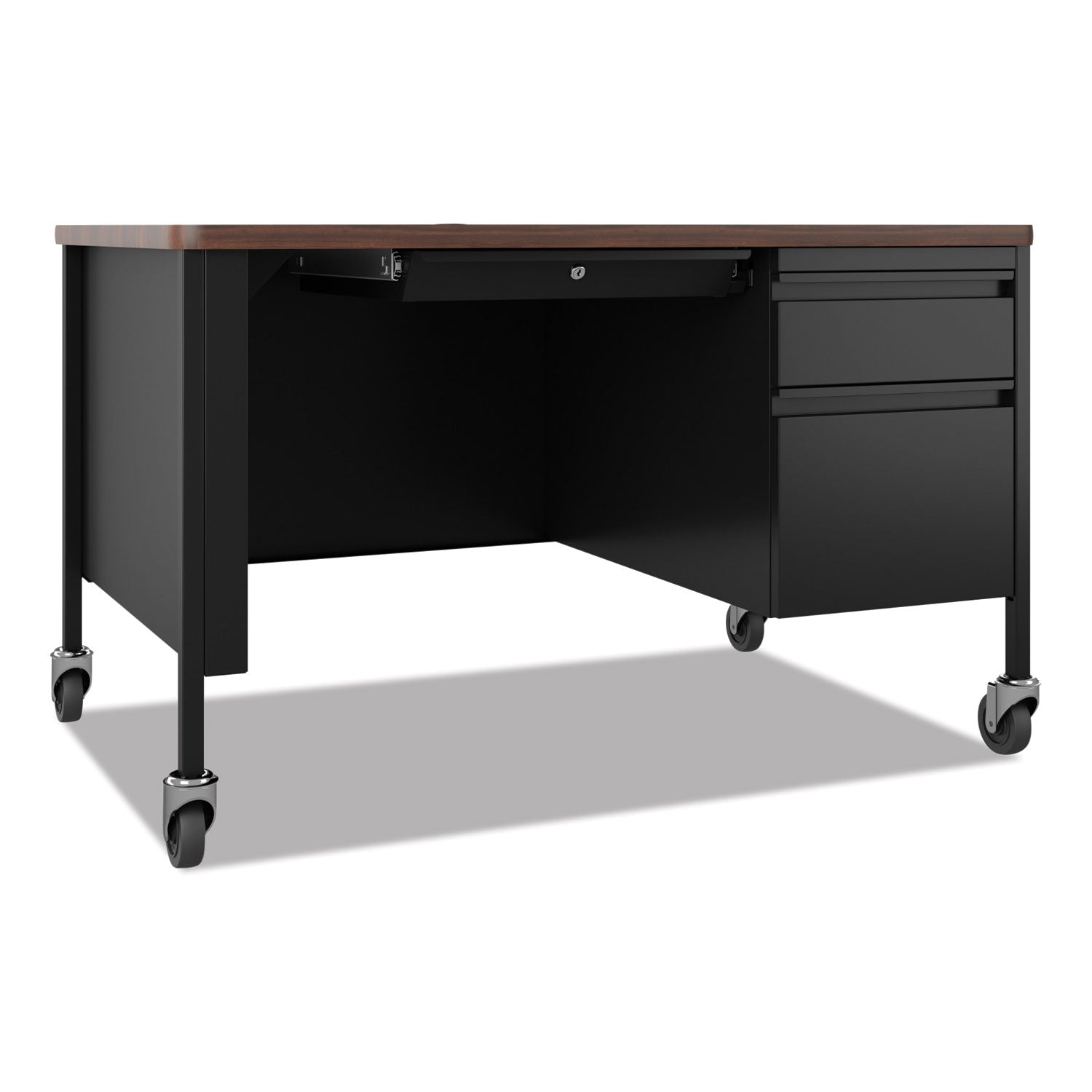 Hirsh Industries® Mobile Teachers Pedestal Desks, Right-Hand Pedestal: Box/File Drawers, 48" x 30" x 29.5", Walnut/Black