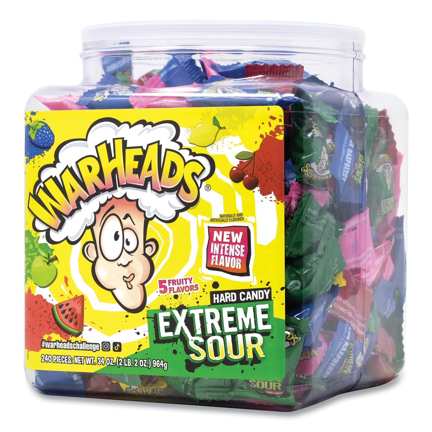 WARHEADS® Xtreme Sour Hard Candy, Assorted Flavors, 34 oz Tub