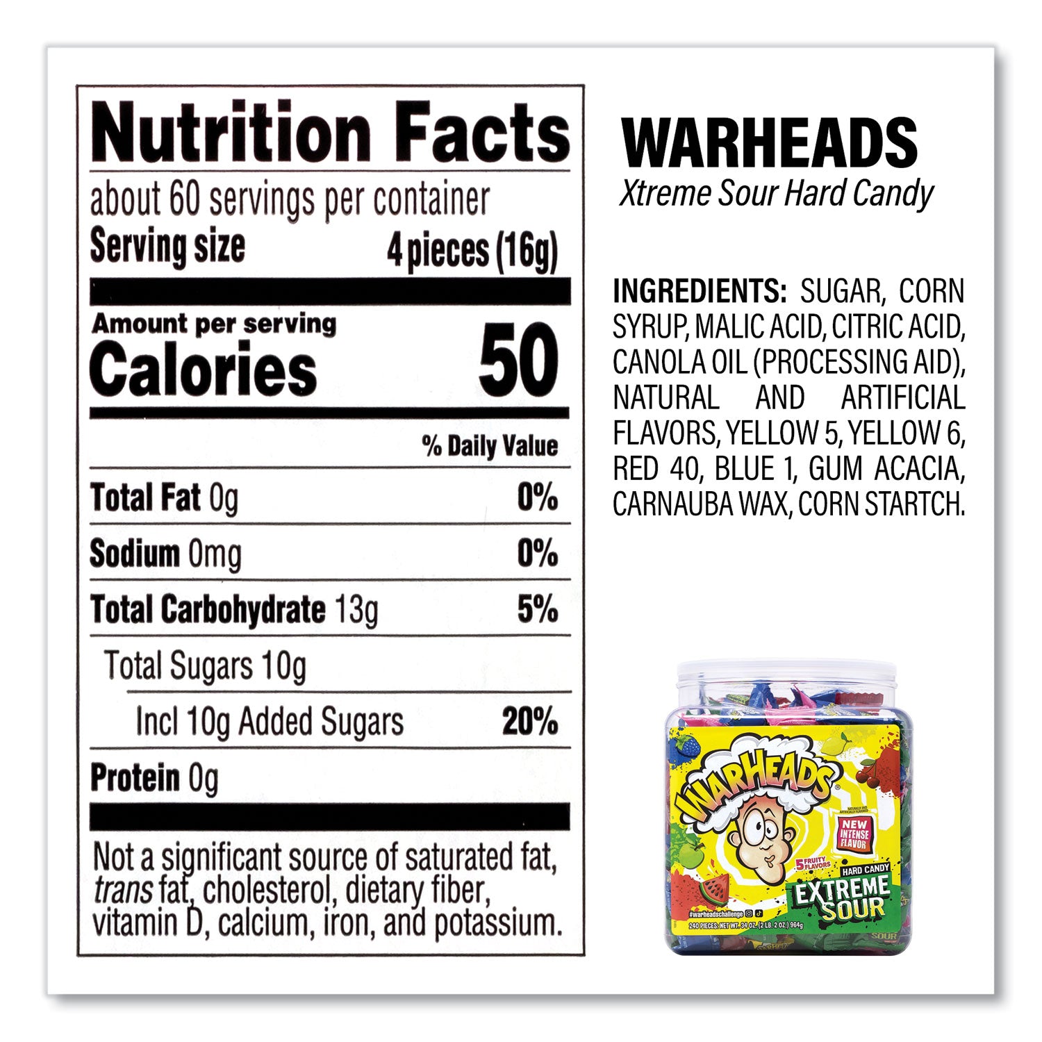 WARHEADS® Xtreme Sour Hard Candy, Assorted Flavors, 34 oz Tub