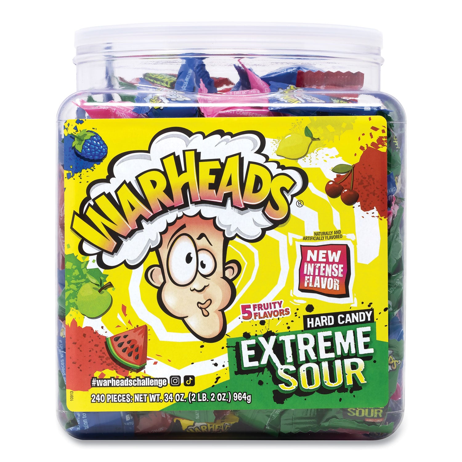 WARHEADS® Xtreme Sour Hard Candy, Assorted Flavors, 34 oz Tub